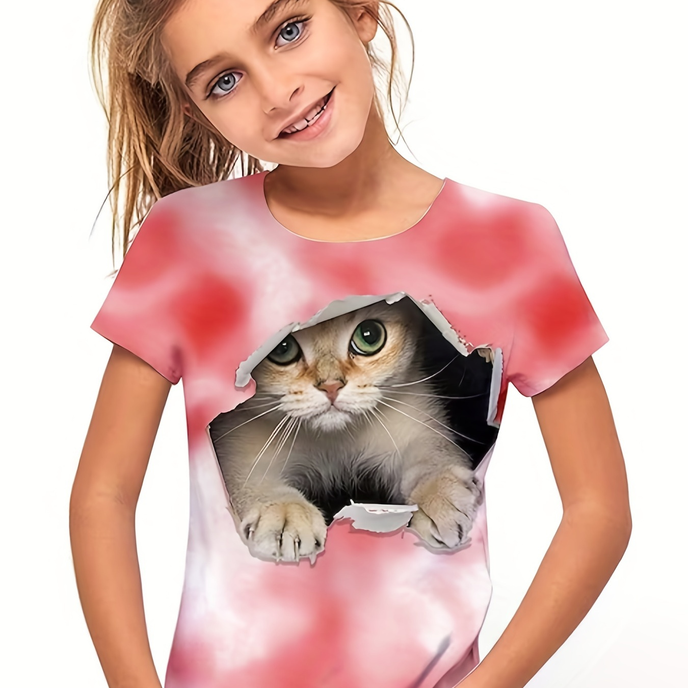 

Girl 3d Cat Pattern Short Sleeve Novelty T-shirt, Teen Kids Stretch Summer Tee Tops For Unique & Stylish Look!