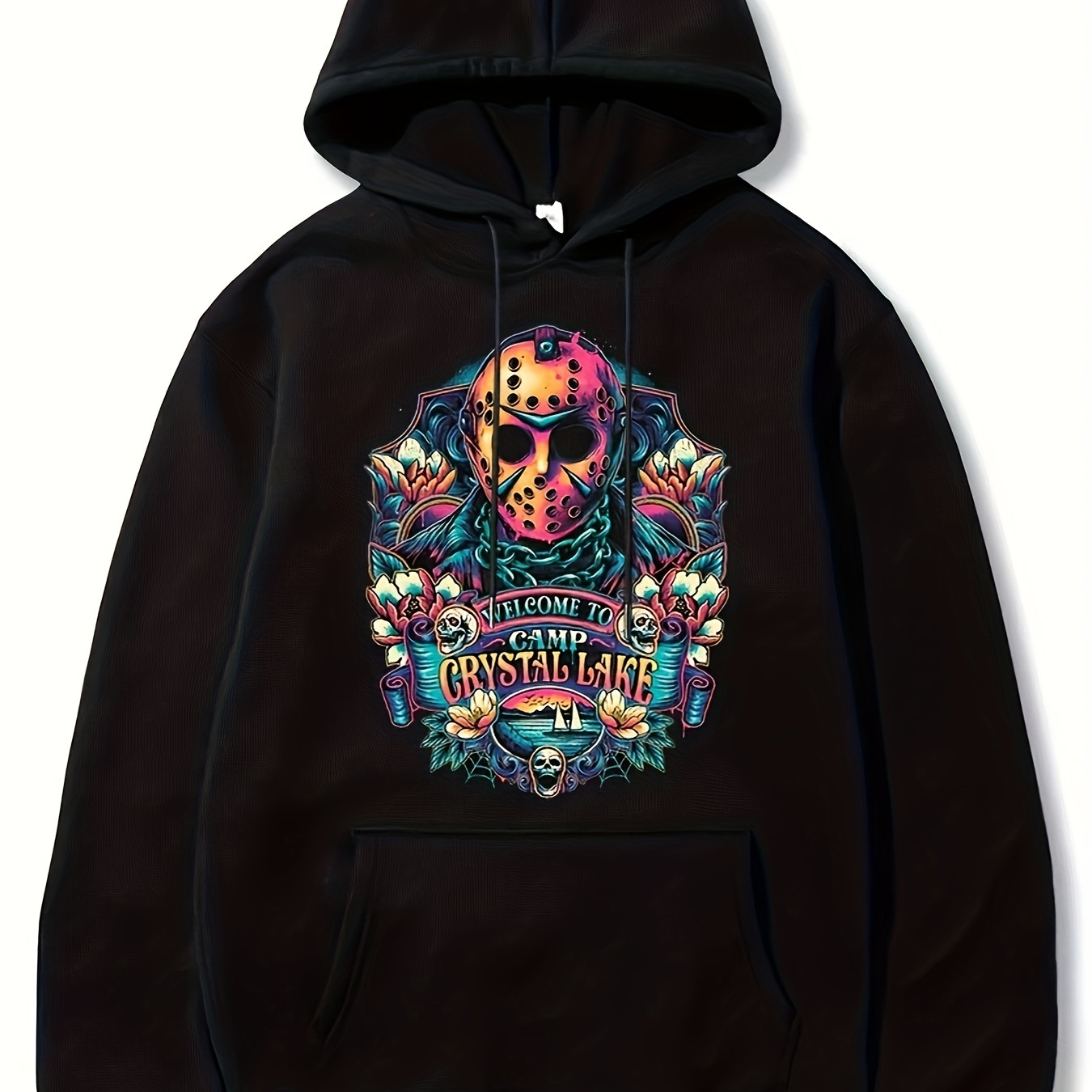 Halloween Skull Pattern Hoodie With Kangaroo Pocket, Men's Casual Stretch Pullover Hooded Sweatshirt