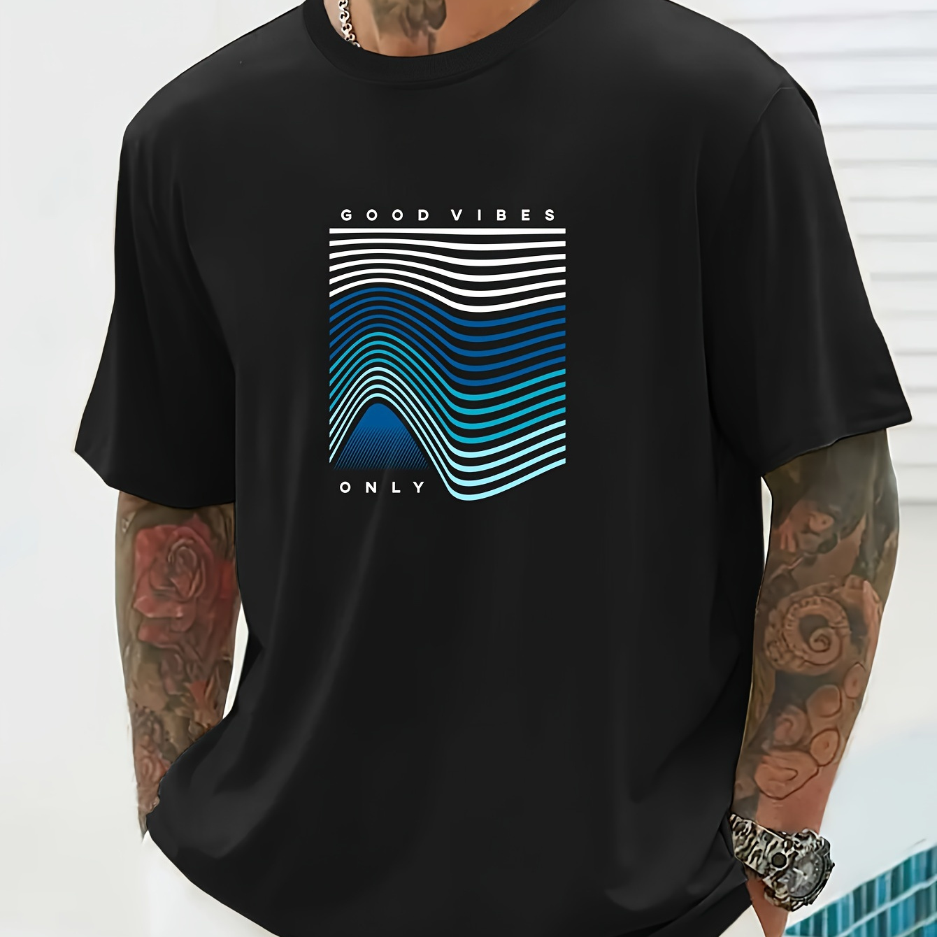 

Waves And Letter Graphic Print Men's Creative Top, Casual Short Sleeve Crew Neck T-shirt, Men's Clothing For Summer Outdoor