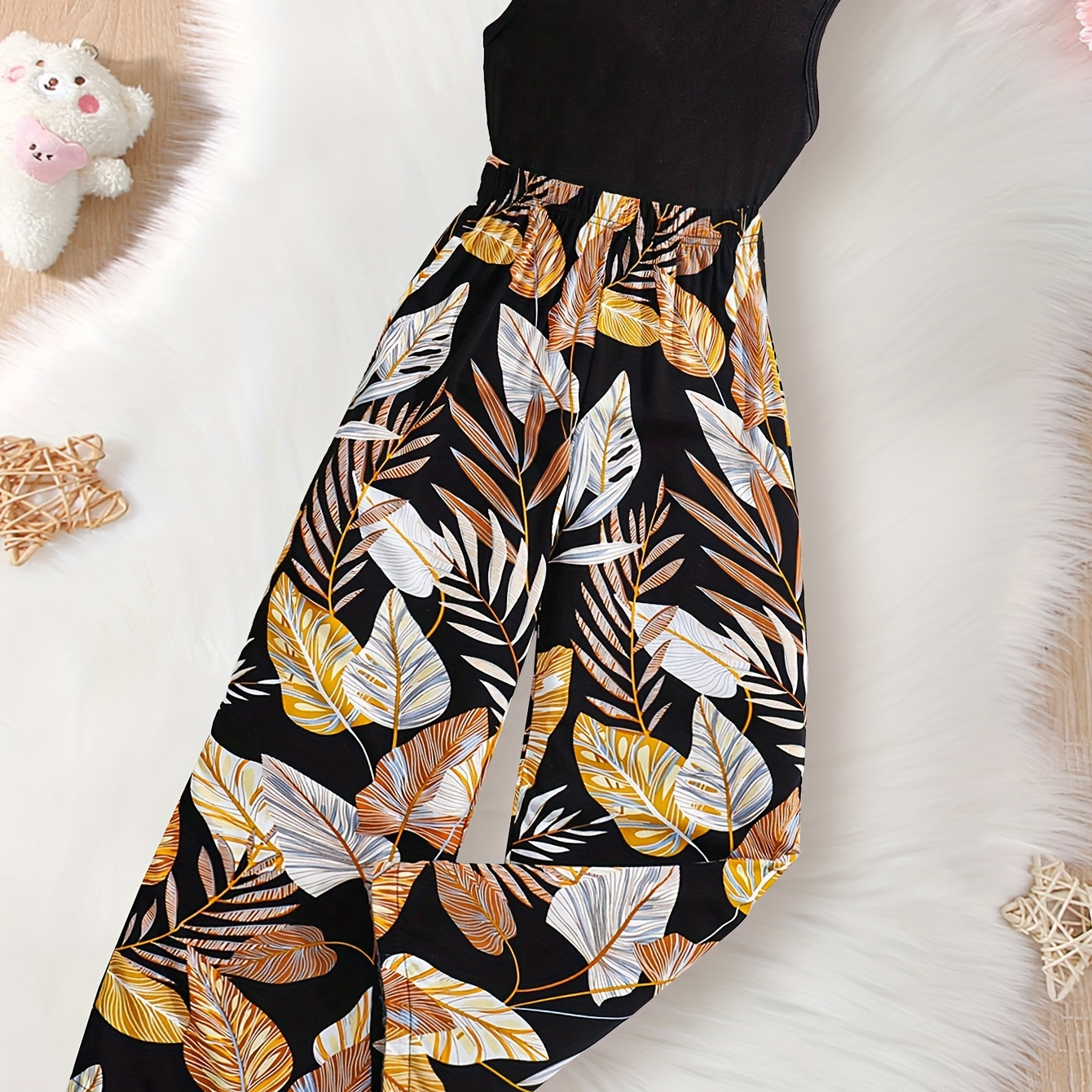 

Elegant Girls 2pcs Solid Sleeveless Top + Leaves Print Pants Set For Summer Outdoor Gift