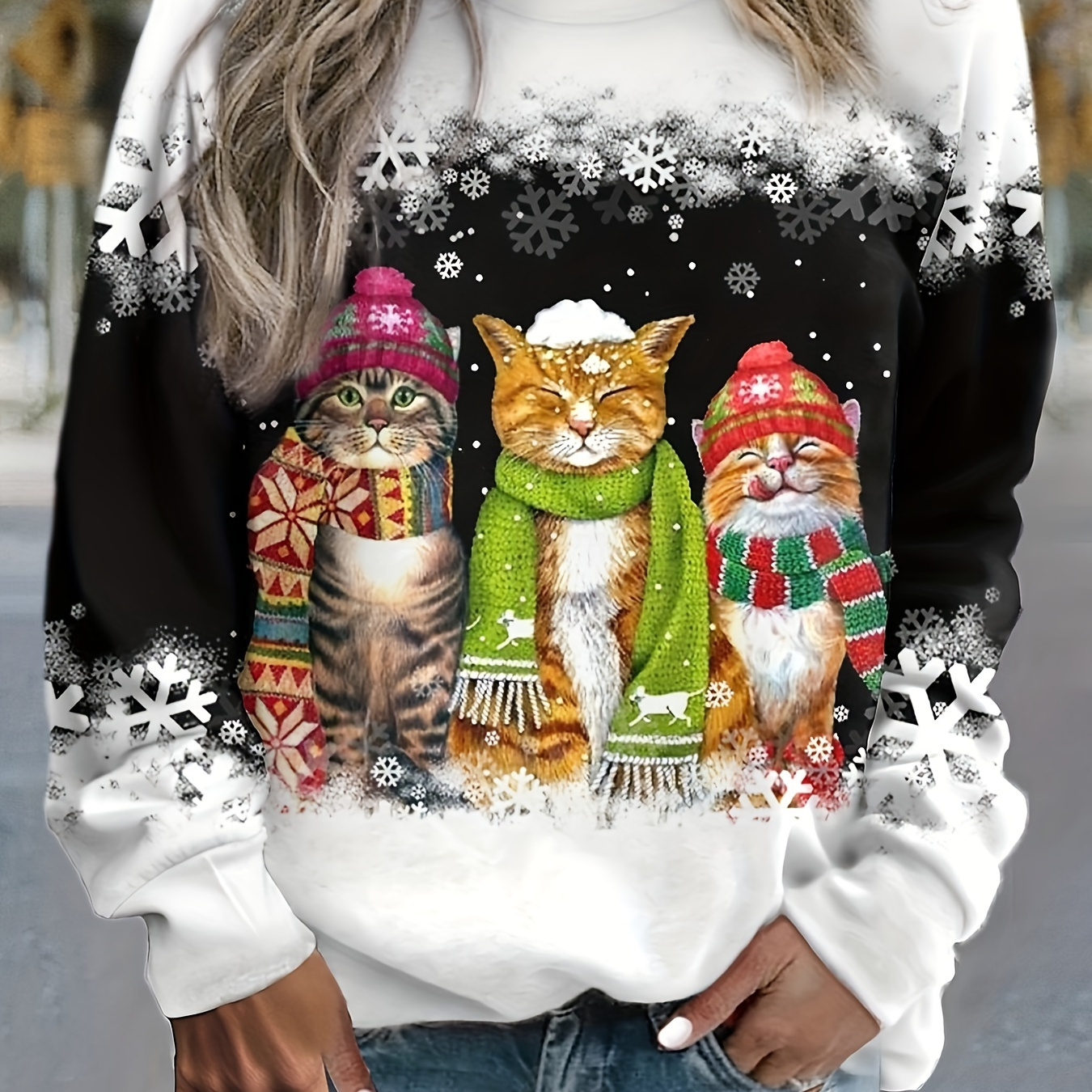 

Christmas Cat Print Pullover Sweatshirt, Casual Long Sleeve Crew Neck Sweatshirt For Fall & Winter, Women's Clothing