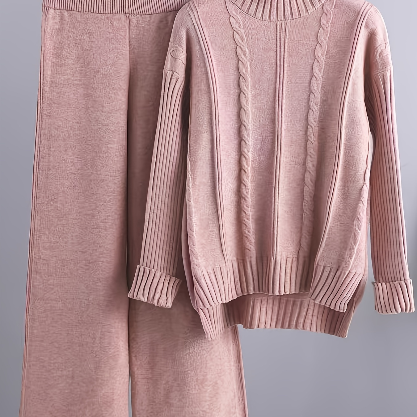 

Cozy Knit Sweater & Wide-leg Pants Set For Women - Solid Color, Mock Turtleneck, Polyester , Fall/winter