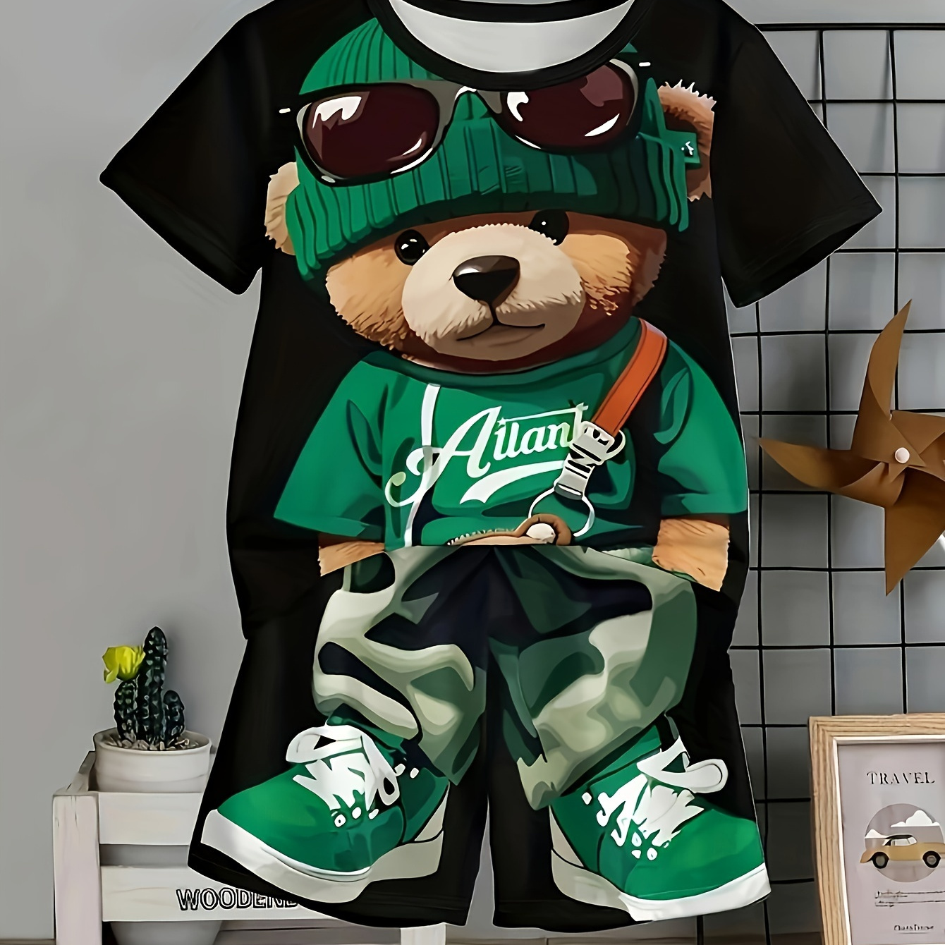 

Baby Boys Hip Hop Bear Pattern Cool Outfit, Short Sleeve T-shirt & Pants Set, 2pcs Infants Trendy Casual Summer Outerwear
