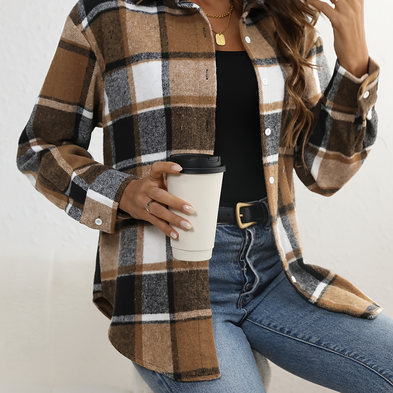 

Chemise Boutonnée À Carreaux Imprimés Sur Le Devant, Veste Décontractée À Manches Longues Pour Et , Vêtements Pour Femmes