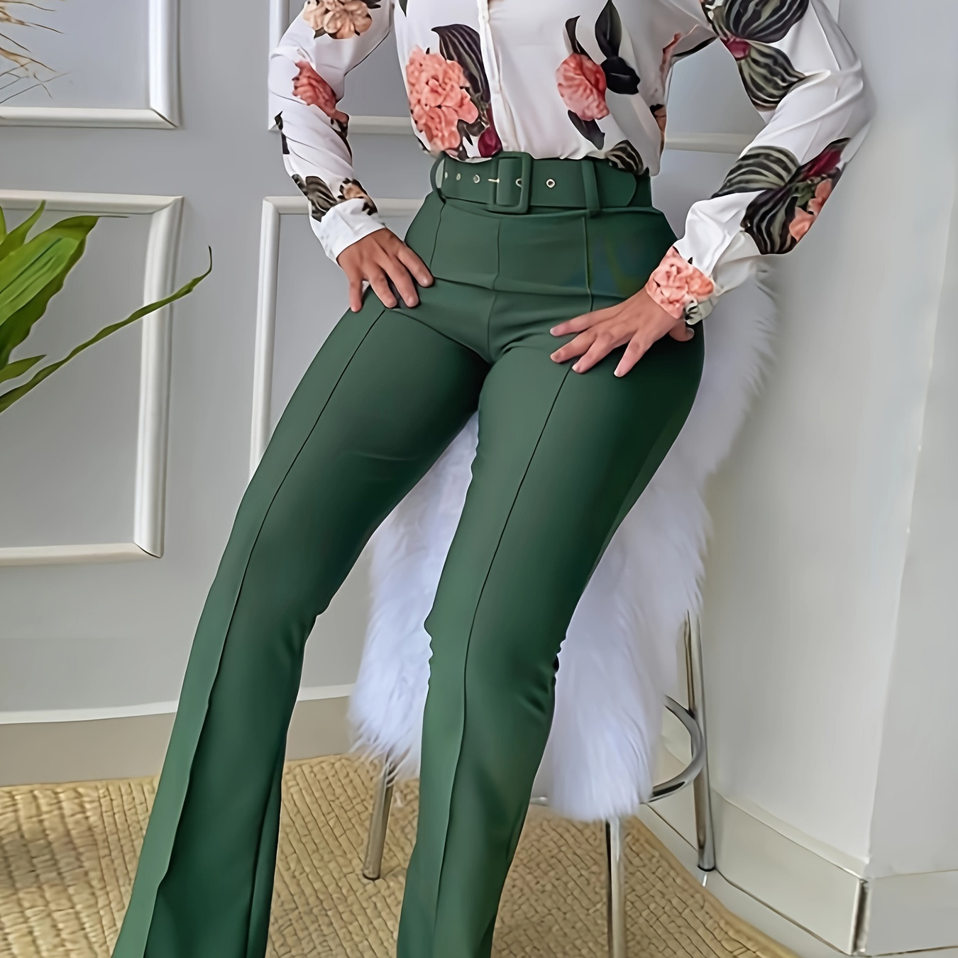 

Casual Slim Two-piece Set, Floral Print Button Shirt & Solid Pintuck Pants Outfits, Women's Clothing