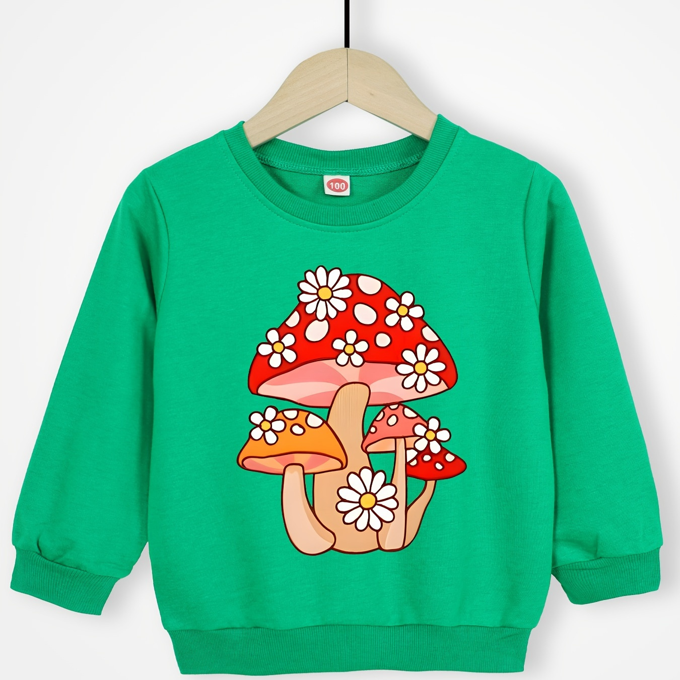 

Daisy & Mushrooms Print Girls Cute Sweatshirt, Comfy Casual Long Sleeve Tops For Kids Daily, Holiday Gift