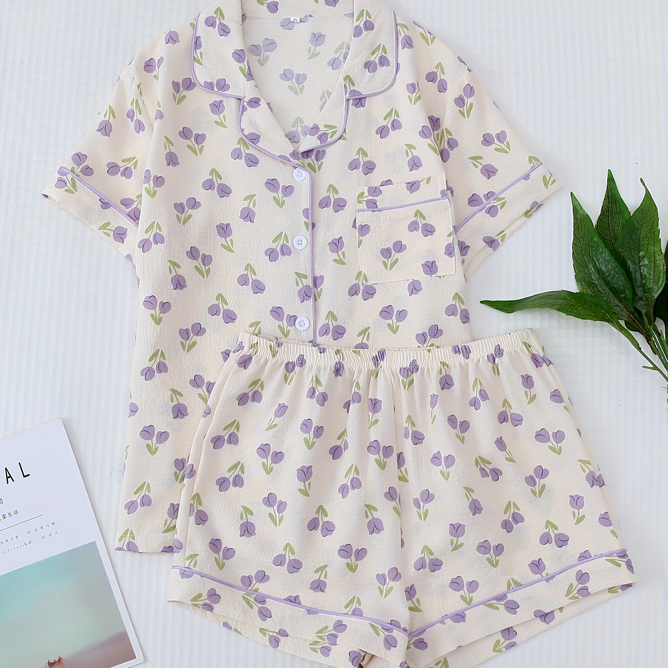 

Casual Floral Print Pajama Set, Short Sleeve Button Up Lapel Collar Top & Elastic Shorts, Women's Sleepwear & Loungewear