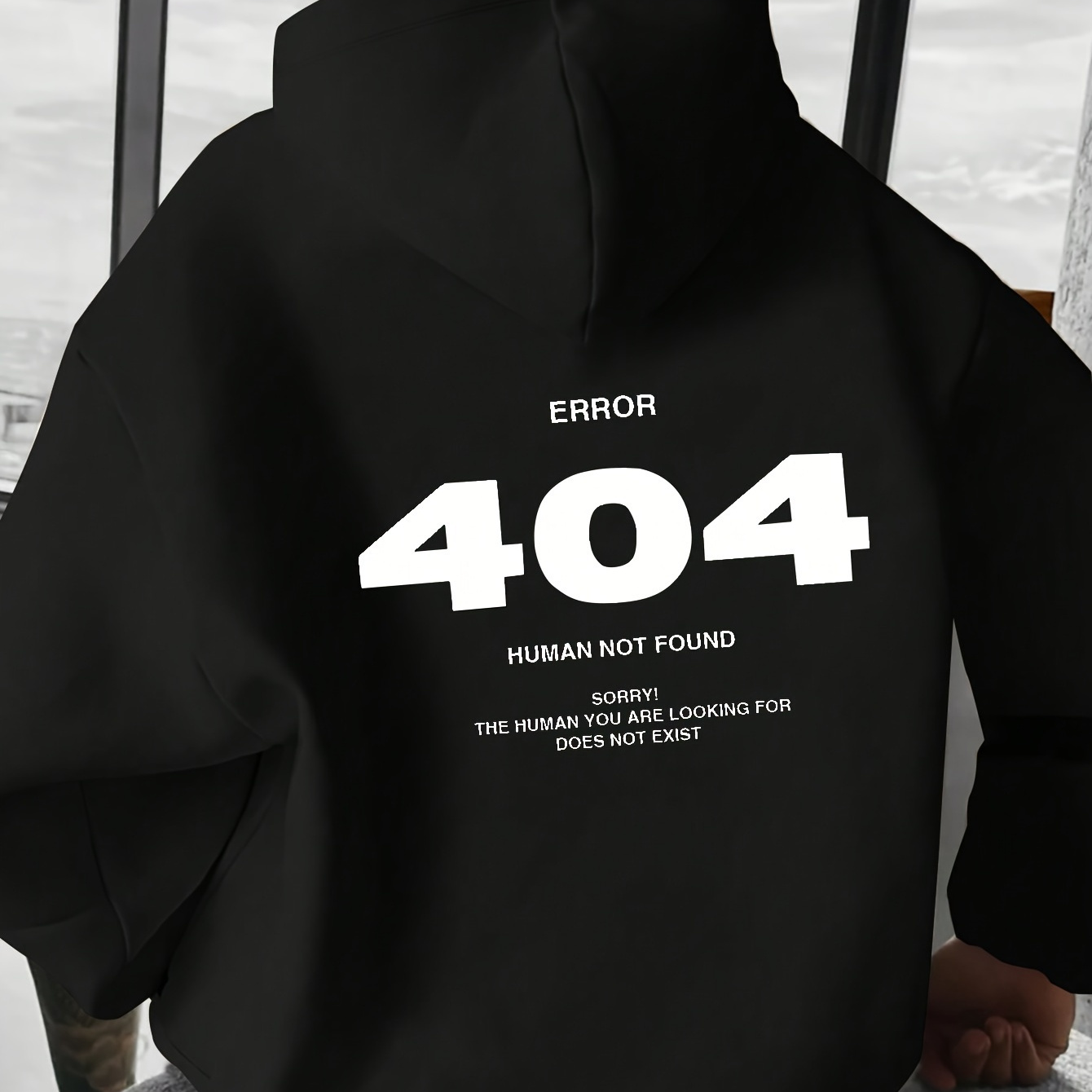 

Men's Casual " 404" Print Hoodie - Black Loose-fit Sweatshirt With Front Pocket, Polyester Knit Fabric, Casual Attire, Sweater Hoodie