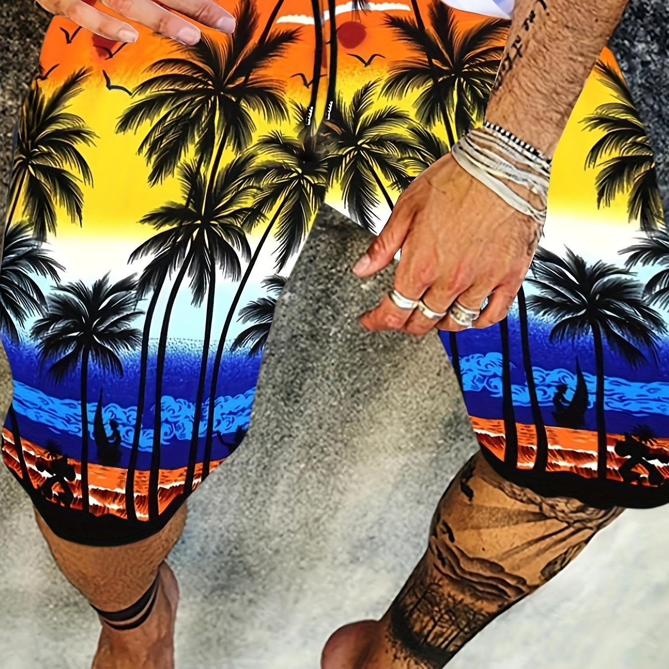

Men's Trendy Beach Print Active Shorts, Drawstring Beach Shorts For Summer Beach Resort, Hawaiian Shorts