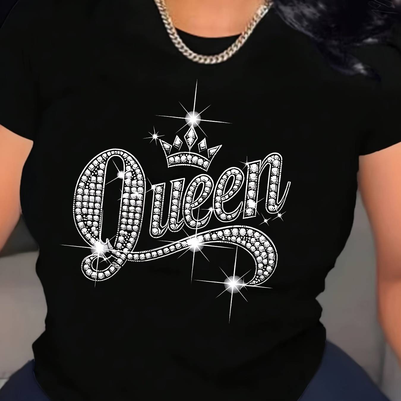 

Rhinestone Queen Print Crew Neck T-shirt, Casual Short Sleeve T-shirt For Spring & Summer, Women's Clothing