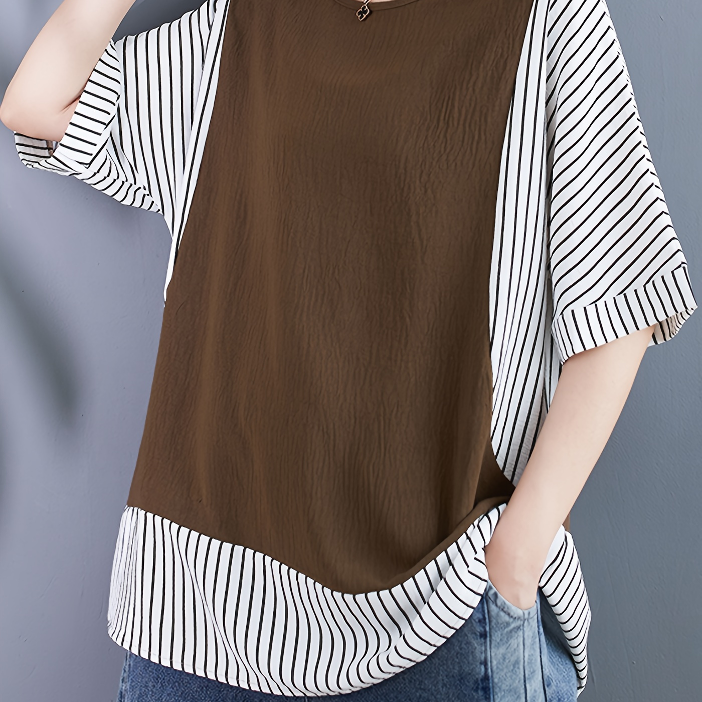 

Striped Print Color Block T-shirt, Vintage Half Sleeve T-shirt For Spring & Fall, Women's Clothing