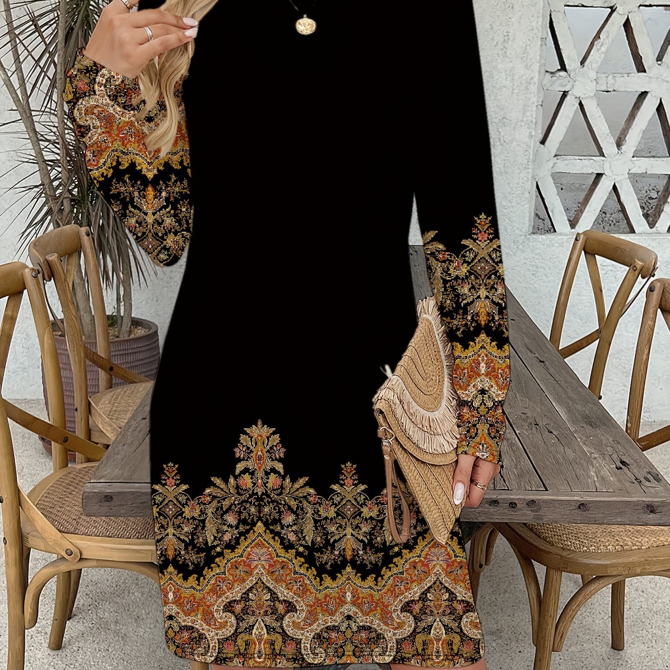 

Ethnic Print Crew Neck Dress, Casual Long Sleeve Dress For Spring & Fall, Women's Clothing