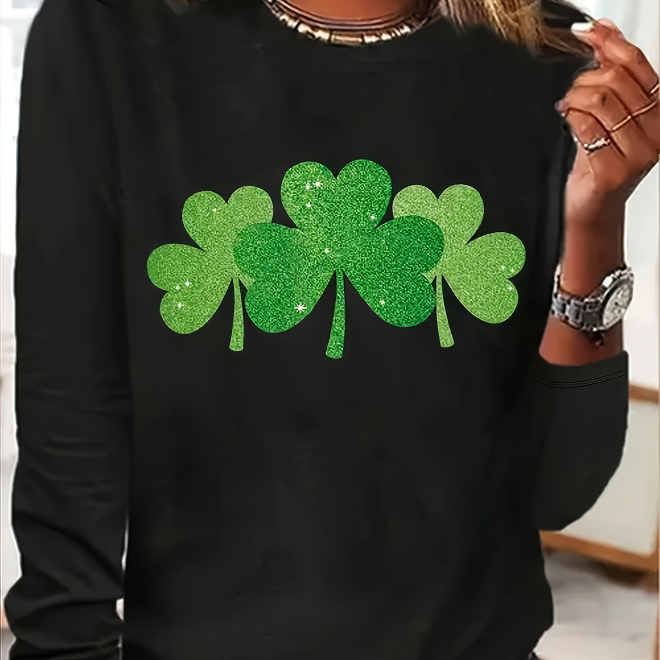 

1pc Women's Casual Crew Neck Long Sleeve T-shirt With Geometric Clover Print, Polyester 60% Rayon 35% Spandex 5% Knit Fabric, Spring/fall Loose Fit Top