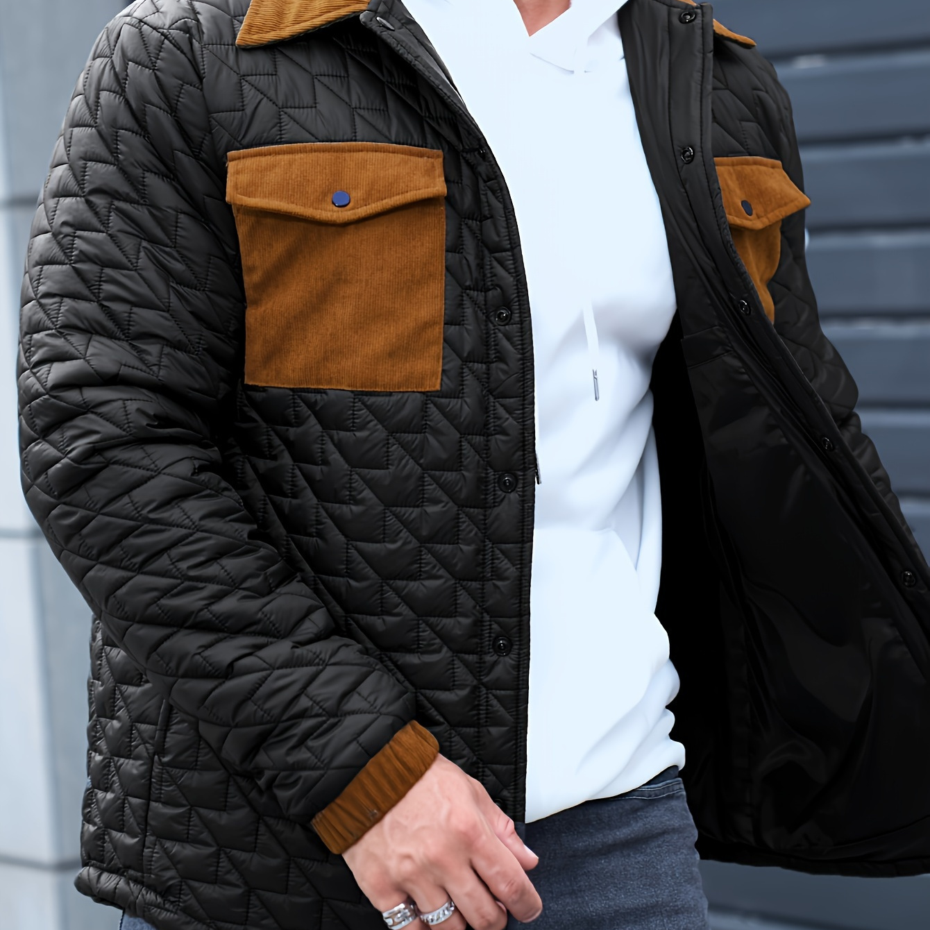 

Men's Casual Quilted Jacket, Solid Color Polyester 100% Lapel Collar With Pockets, Non-stretch Woven Fabric, Regular Fit - Jhm002