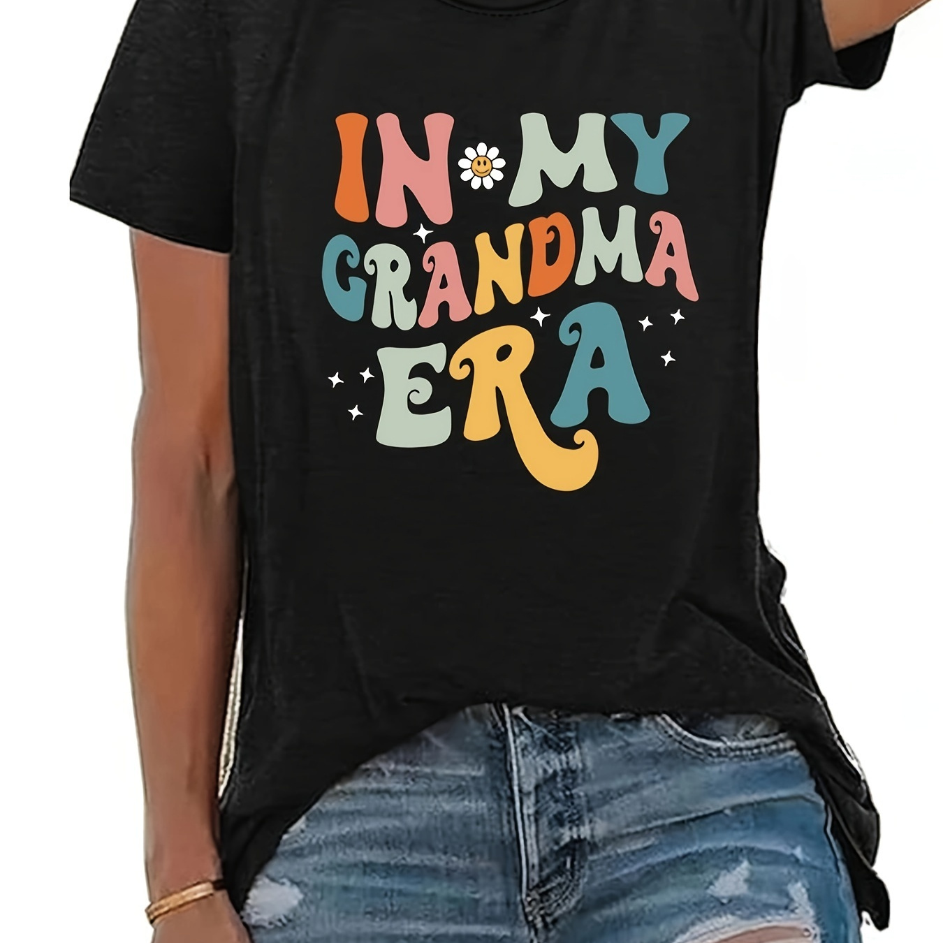 

Grandma Era Print Crew Neck T-shirt, Short Sleeve Casual Top For Summer & Spring, Women's Clothing