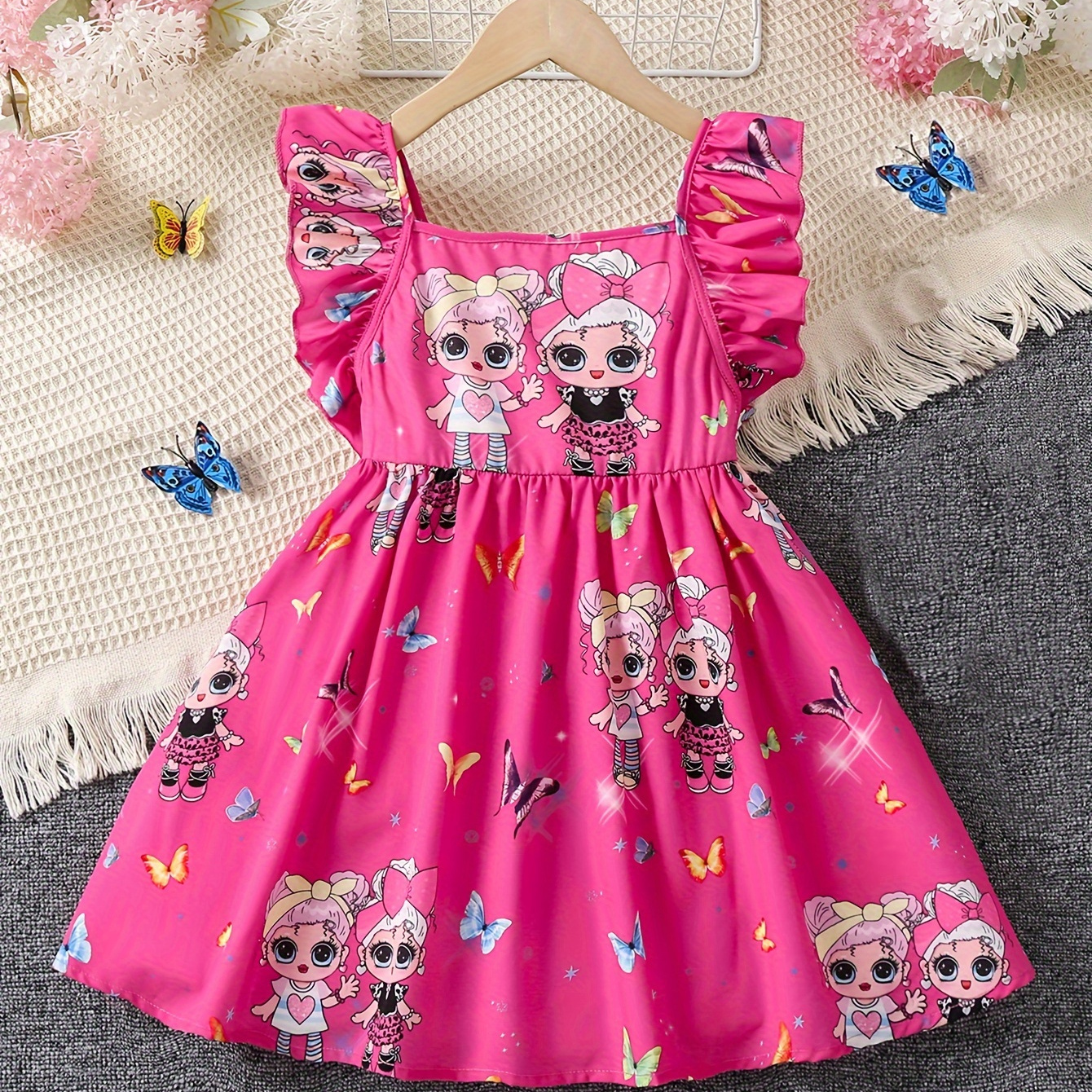 

Cute Dolls Graphic Lettuce Sleeve Princess Dress For Girls - Ideal For Summer & Casual Outings