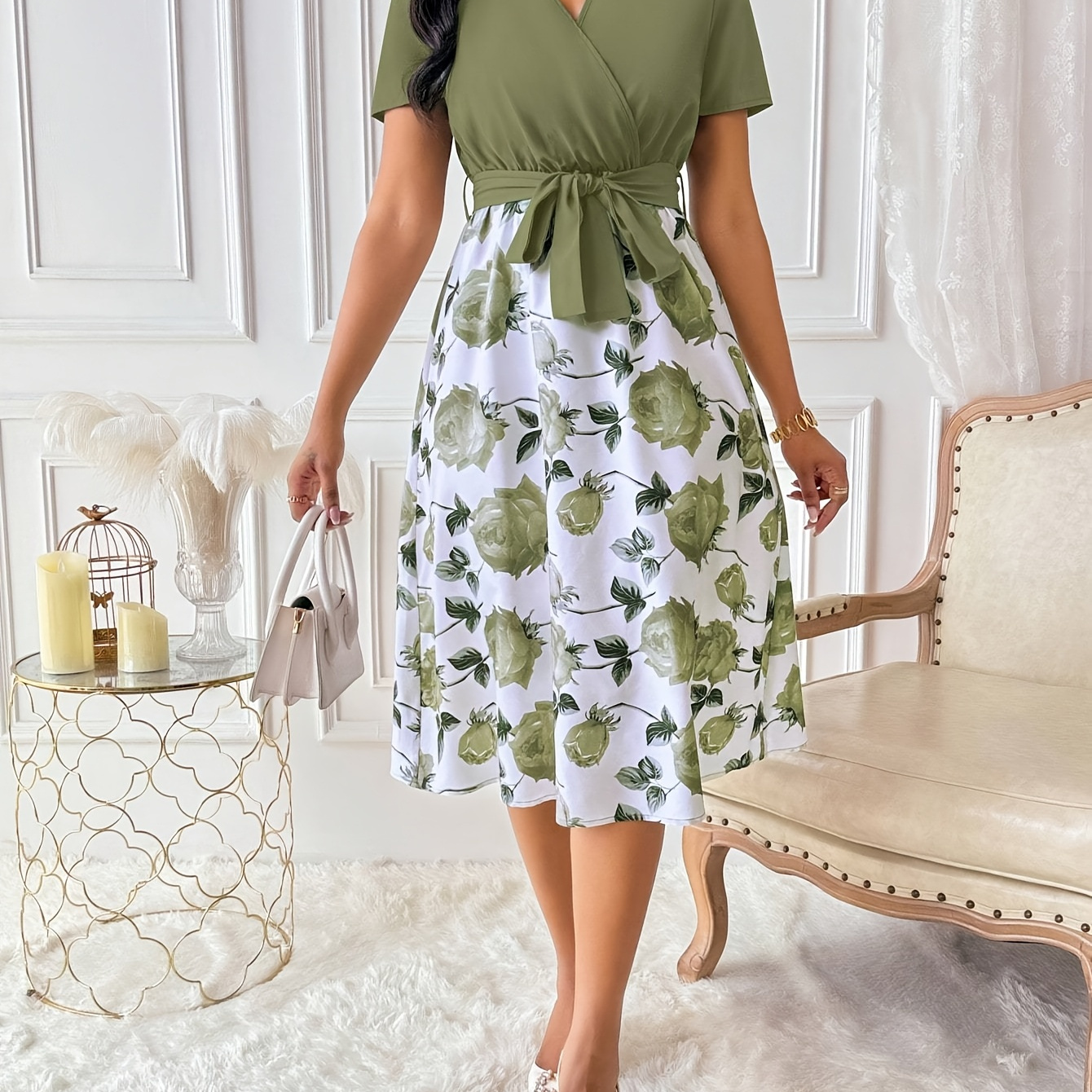 

Women's Elegant Floral Midi Dress, V-neck Polyester Tent Silhouette With Tie Front Detail, Short Sleeve Regular Sleeve, Summer A- Skirt With Belt - Yy1126150