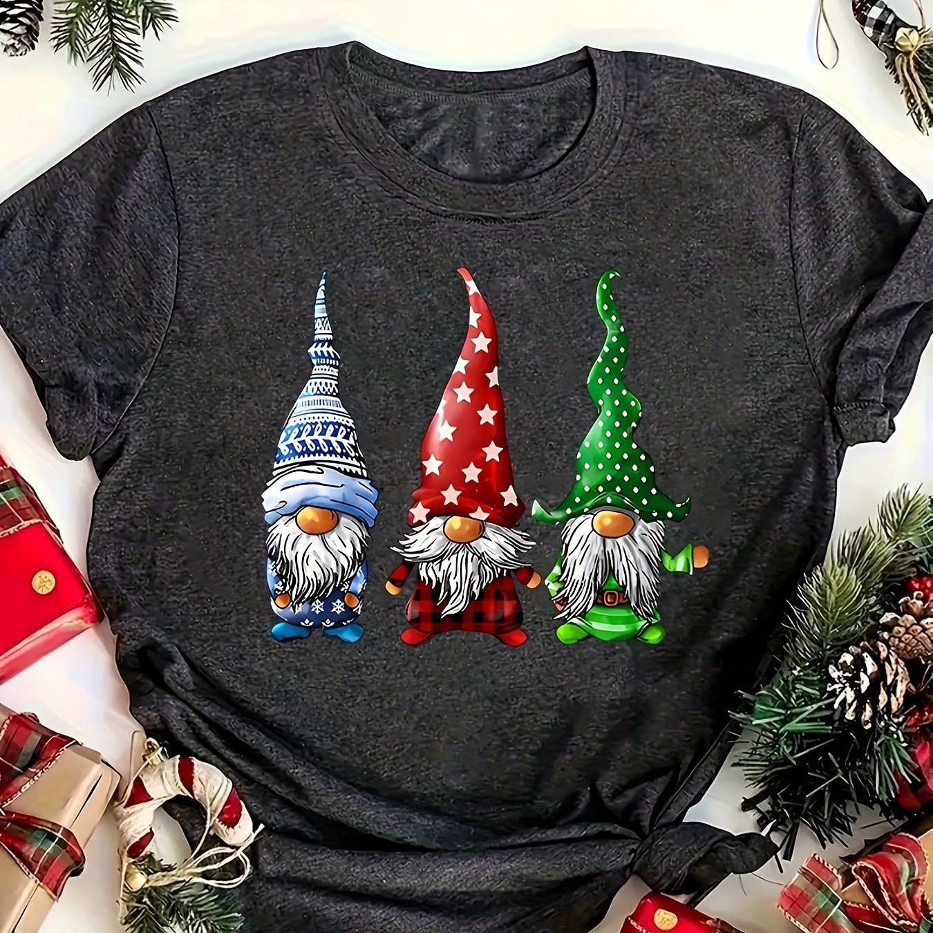 

Plus Size Casual Crew Neck T-shirt With Christmas Gnome Print - Cotton Blend Knit Fabric With Polyester, Cotton, Spandex - Slight Stretch, All-season Comfort