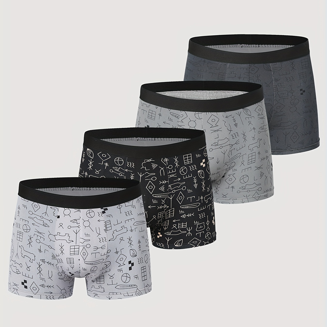 

4pcs Men's Fashion Print Boxer Briefs Underwear Set Antibacterial Crotch Breathable Stretch Mid Waist Shorts Briefs Underwear