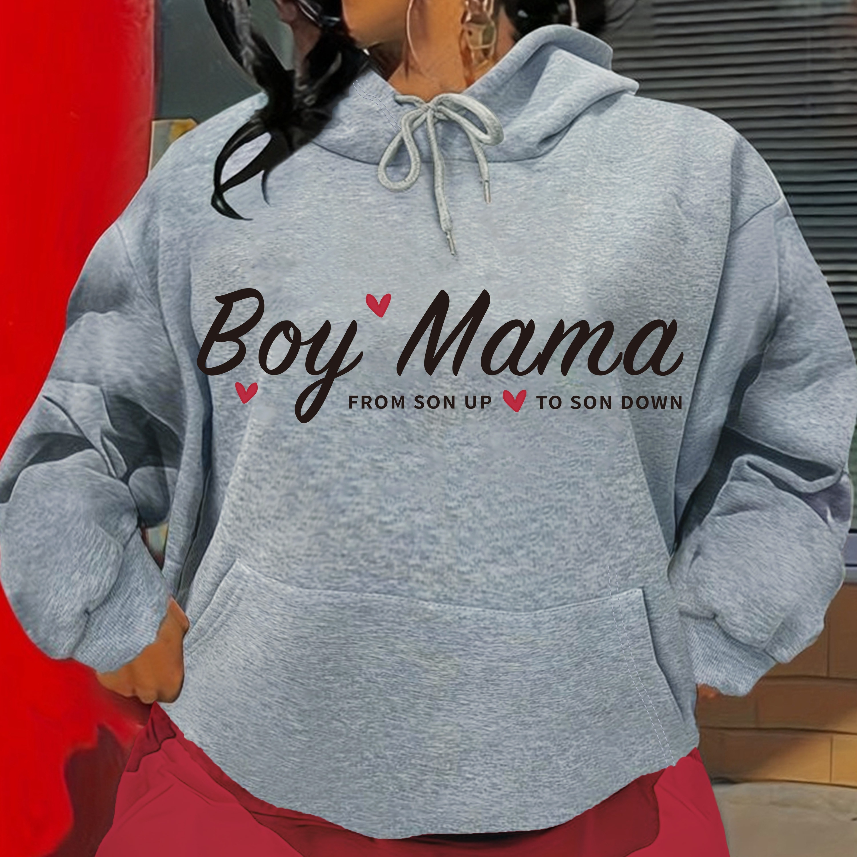 

Boy Mama Print Hoodie, Casual Long Sleeve Kangaroo Pocket Hooded Sweatshirt, Women's Clothing