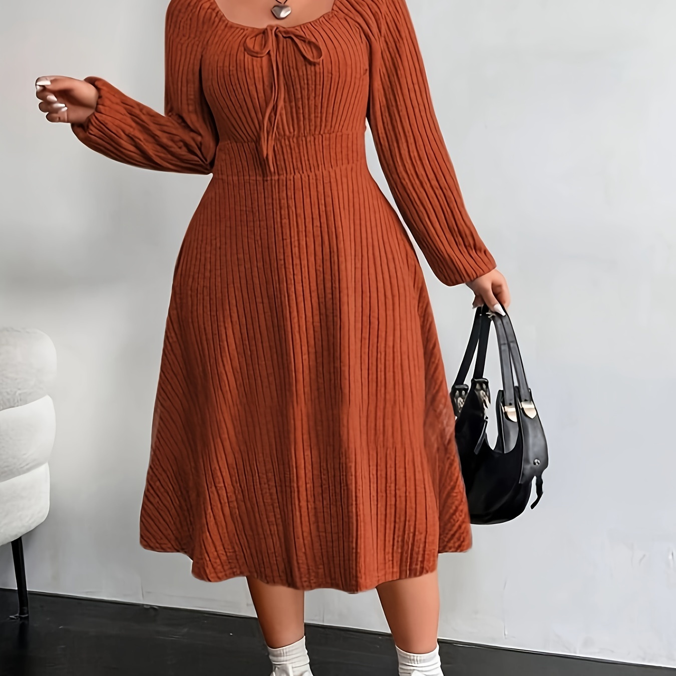 

Size Fit And Flare Midi Dress, Polyester Knit Fabric, High Stretch, Solid Color, With Drawstring Detail, Flared Hem, Long Sleeves, And Square Neckline For All