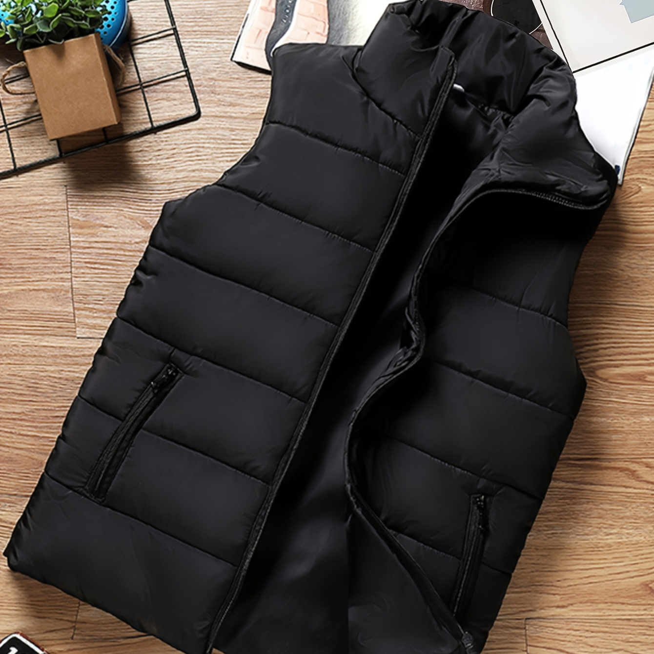 

1pc Gilet manches chaud d'hiver pour homme, veste zippée décontractée à col noir, tissu tissé en polyester de couleur unie, manteau d'extérieur coupe standard