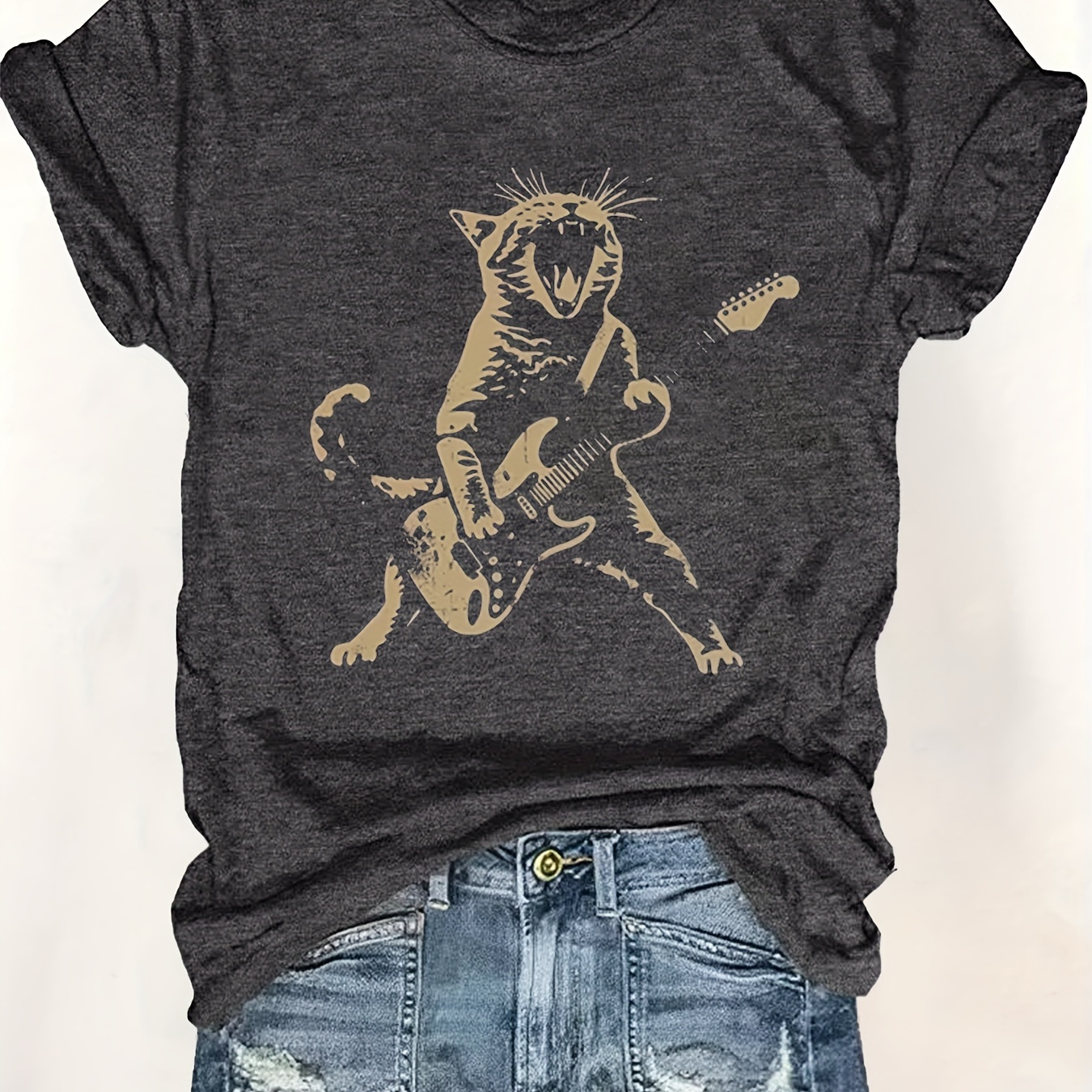 

Cat Print T-shirt, Casual Short Sleeve Crew Neck Top For Spring & Summer, Women's Clothing