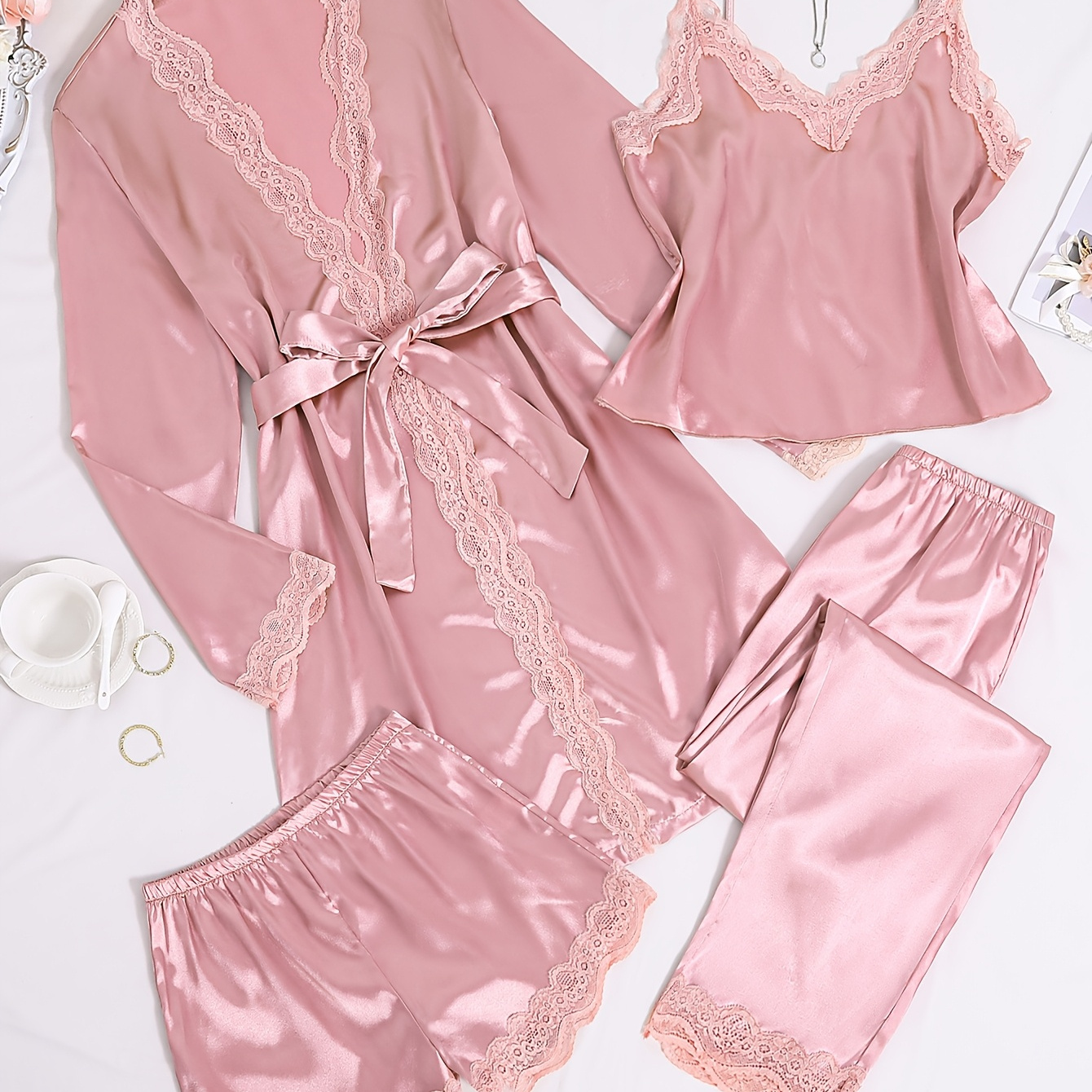 

Four-piece Set For Women: Elegant Solid Color Lace Splicing Suspenders + Shorts + Trousers + Pajama