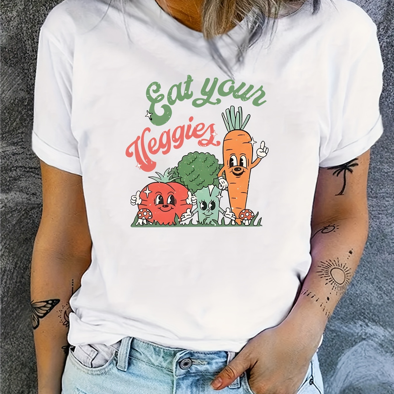 

Vegetables Print T-shirt, Short Sleeve Crew Neck Casual Top For Summer & Spring, Women's Clothing