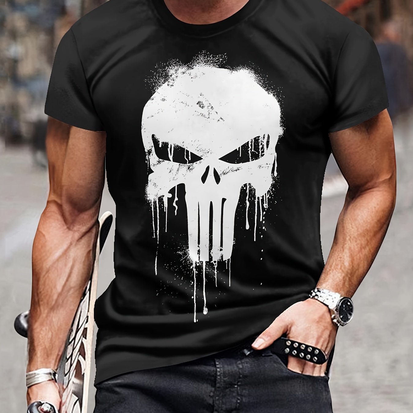 

Men's Skull Print T-shirt, Casual Short Sleeve Crew Neck Tee, Men's Clothing For Outdoor