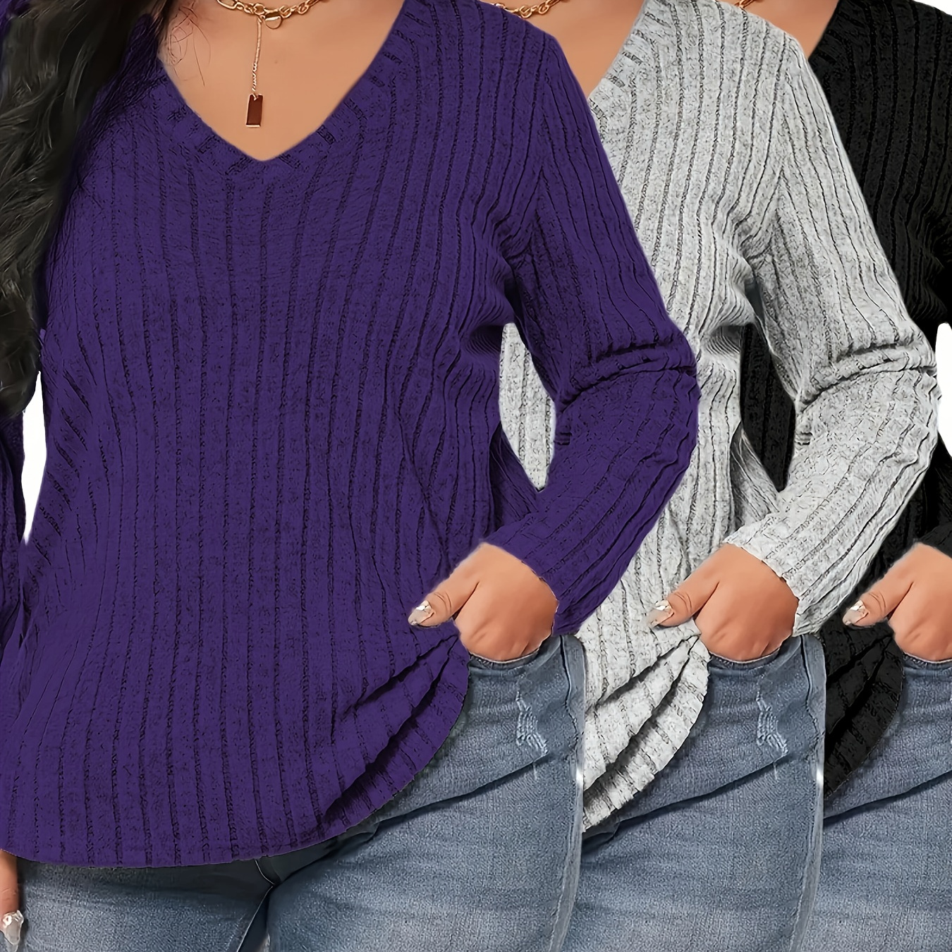 

3pcs Large Size Solid Color Ribbed Tops, Elegant Long Sleeve V-neck Tops Suitable For Spring And Autumn, Women's Large Size Clothing