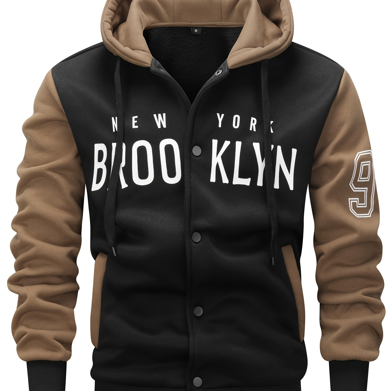 

Men's 'brooklyn' Pattern Color Blocking Hooded Jacket, Casual Preppy Style Coat For Spring And Autumn Outdoors As Gift