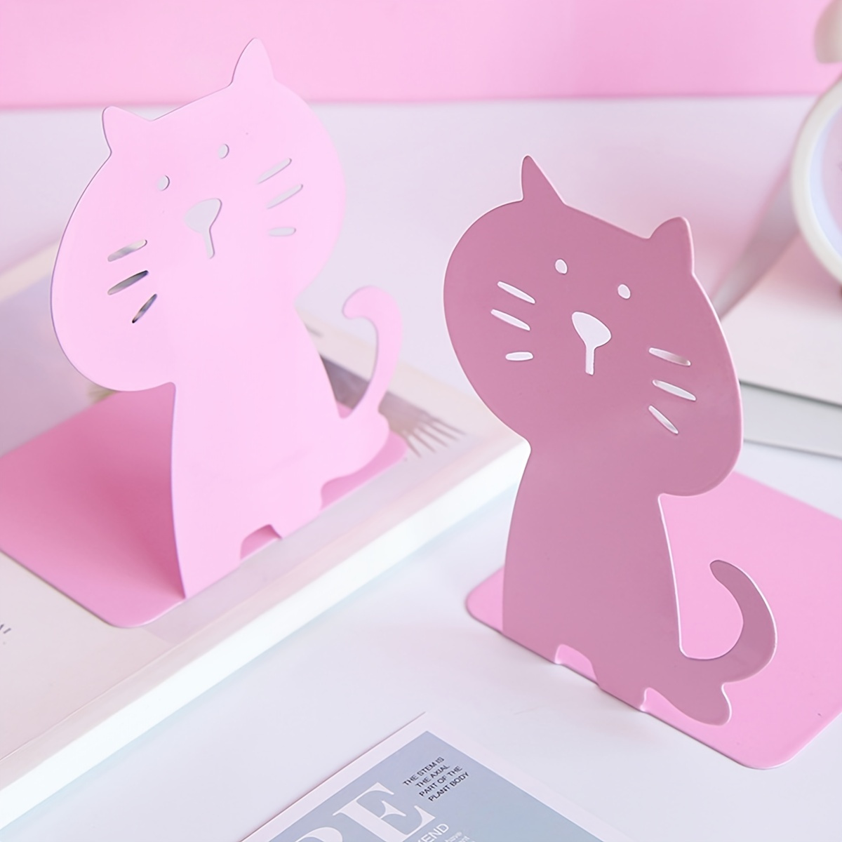 2pcs-5-9-4-3inch-pink-metal-cat-bookstand-l-shaped-bookend-bookshelf