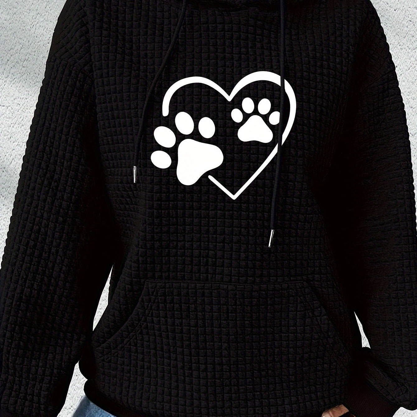 

Women's Casual Printed Sweater With Drawstring Hood, Waffle Hoodie, Polyester, Heart & Paw Print, Autumn/winter Fashion, Knit Fabric, Ladies Fashion Pullover