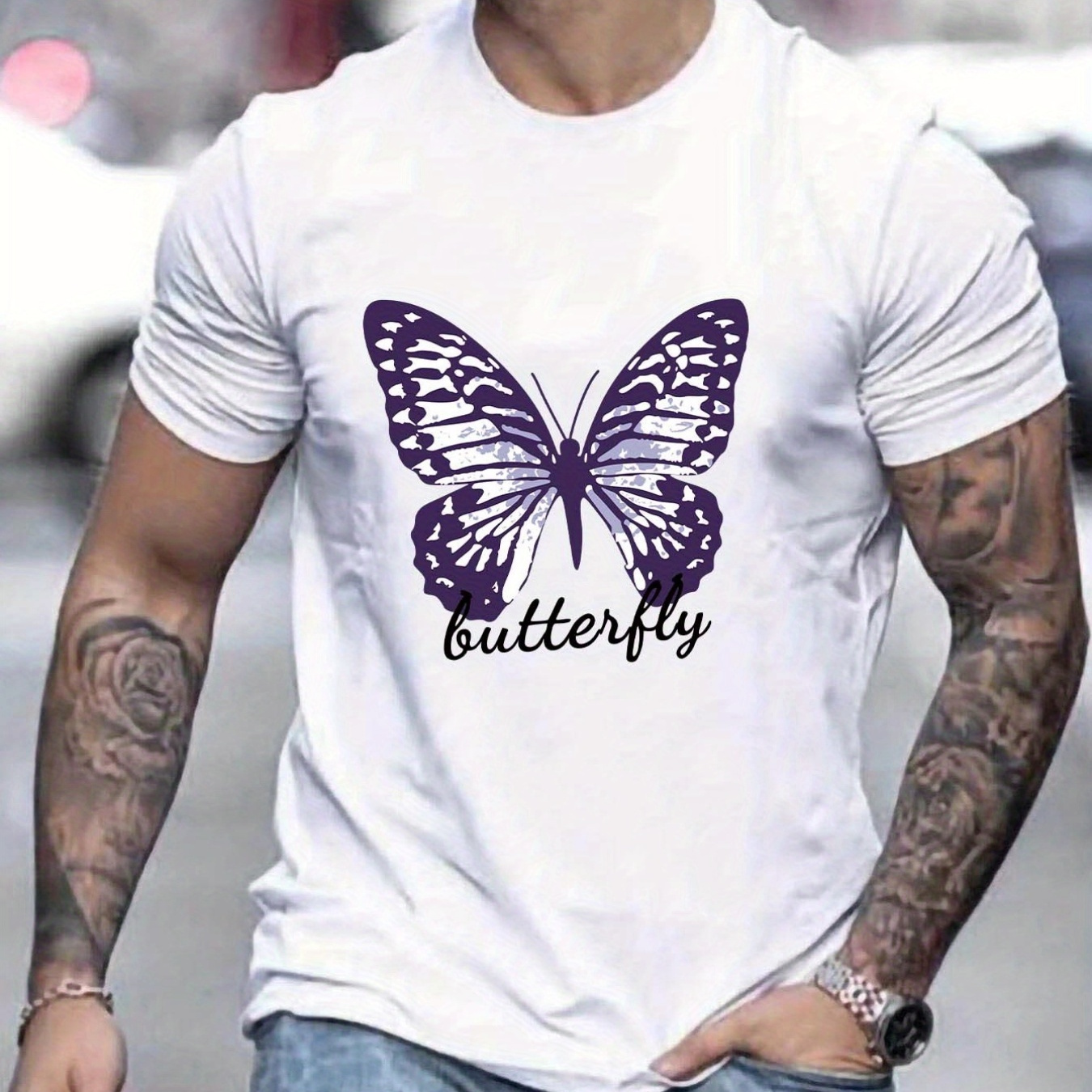 

Butterfly Graphic Print Men's Creative Top, Casual Short Sleeve Crew Neck T-shirt, Men's Clothing For Summer Outdoor