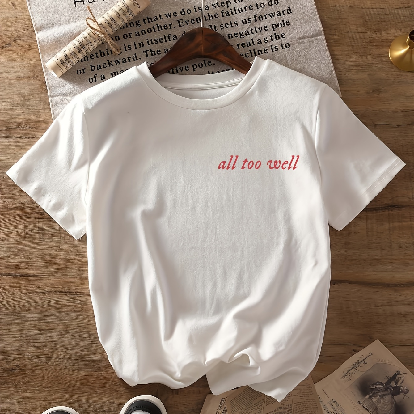 

T-shirt Blanc Imprimé "All " - Mélange de Polyester et Élasthanne, Col Rond Décontracté, Manches Courtes pour Femme, pour l'Été