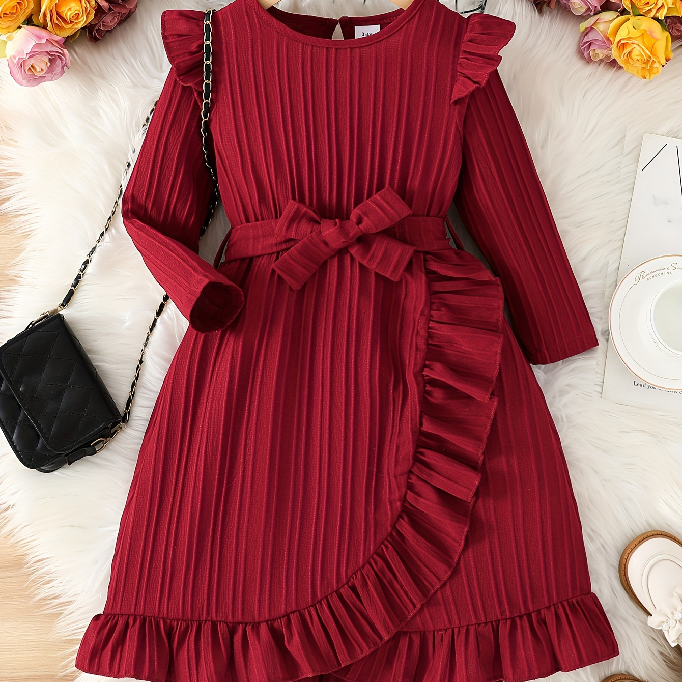 

Elegant Solid Ruffle Long Sleeve Dress For Girls, Comfy Fit Party Casual Holiday Dresses, Girls Clothing Gift