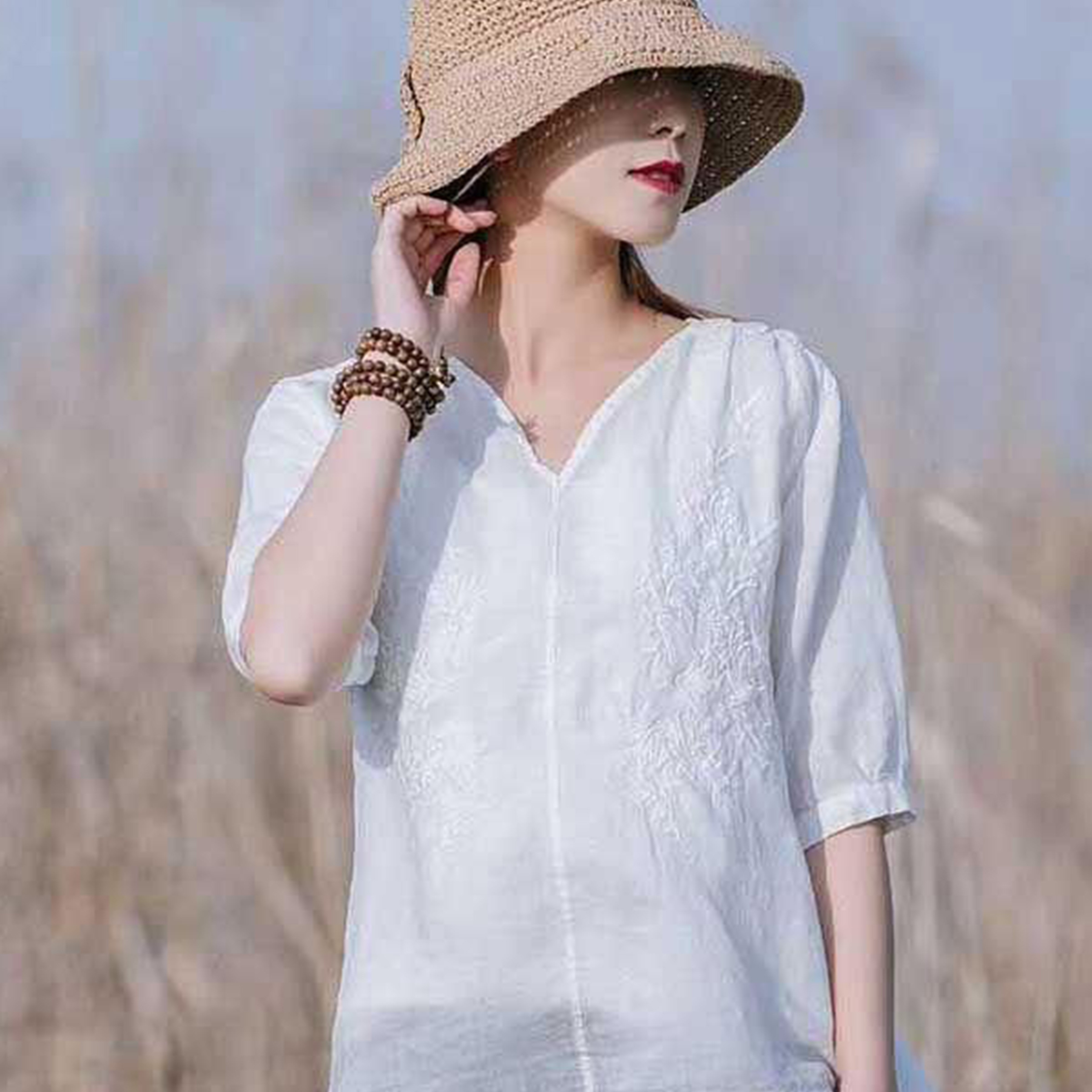 

Embroidered Solid Blouse, Elegant V Neck Half Sleeve Blouse, Women's Clothing