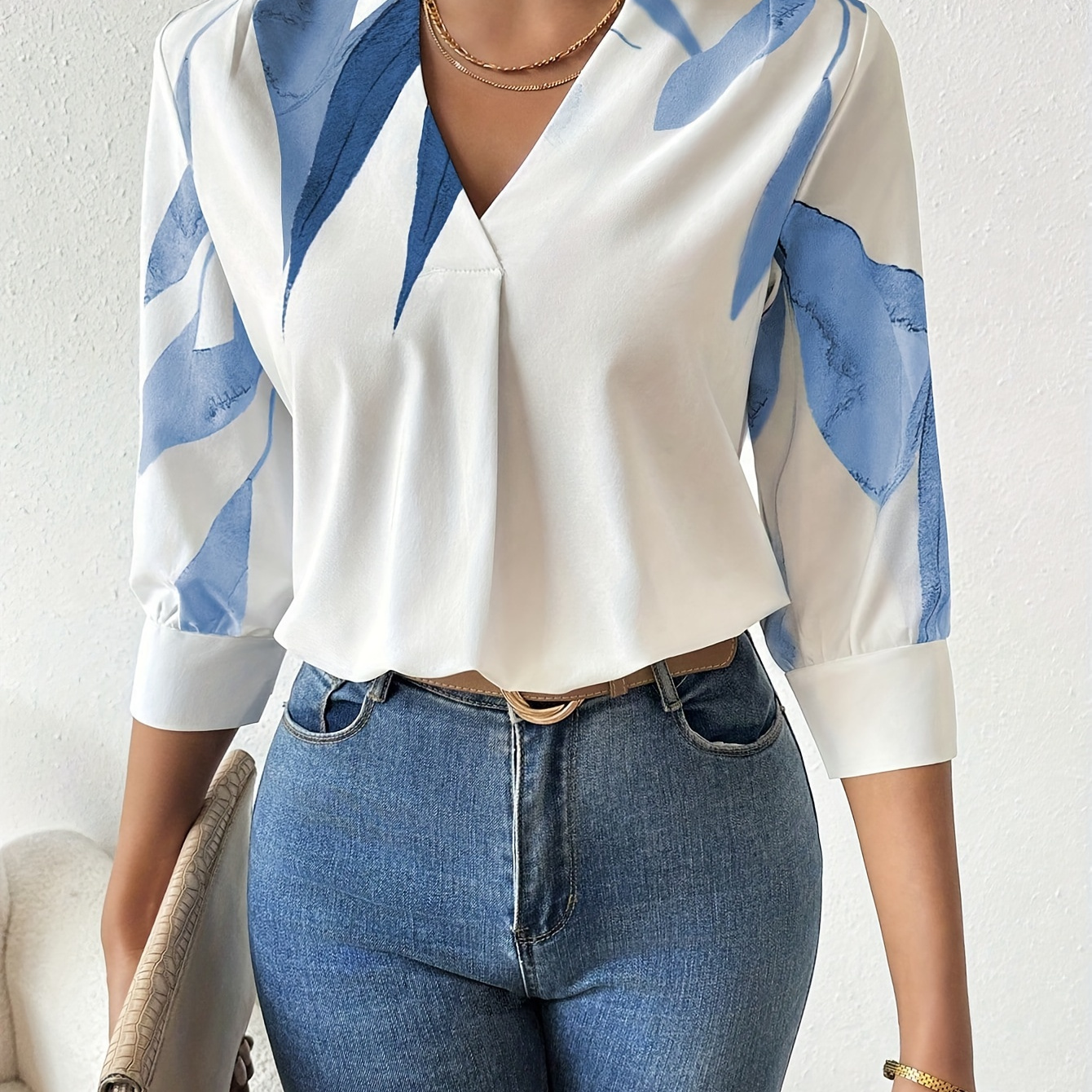 

Leaves Print V-neck Blouse, Elegant 3/4 Sleeve Blouse For Spring & Fall, Women's Clothing