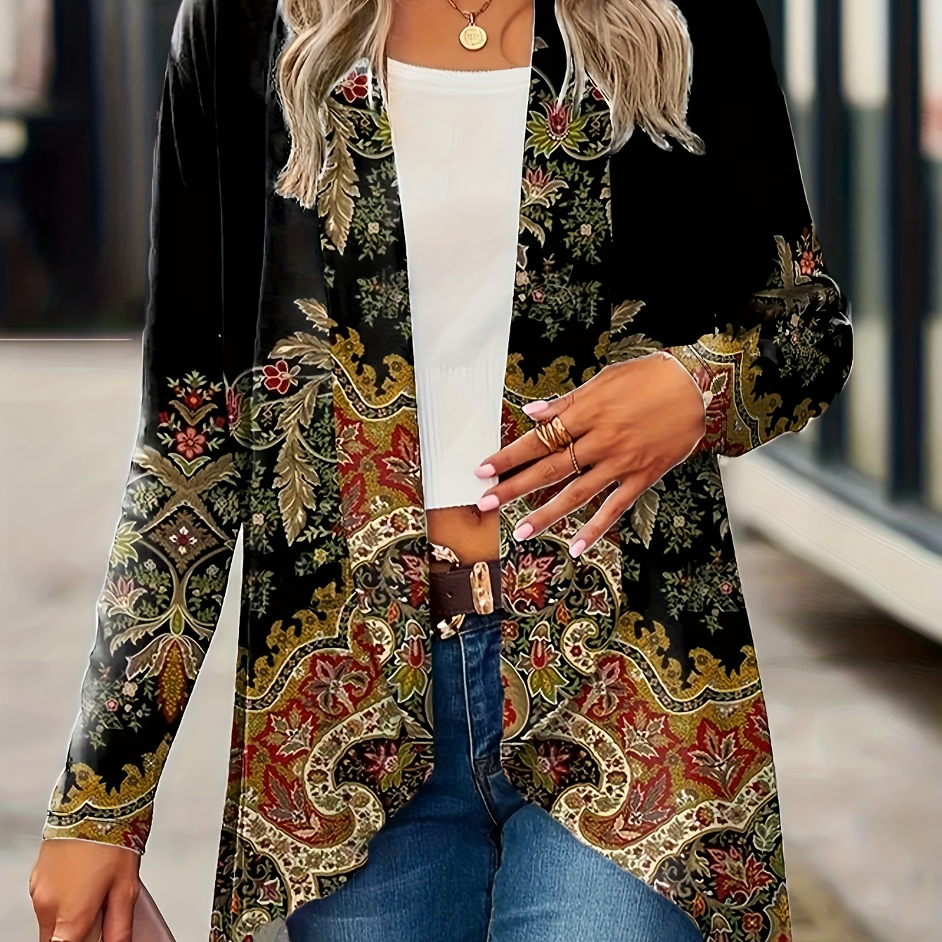 Plus Size Casual Cardigan, Women's Plus Arabesque Print Long Sleeve Open Front Medium Stretch Cardigan