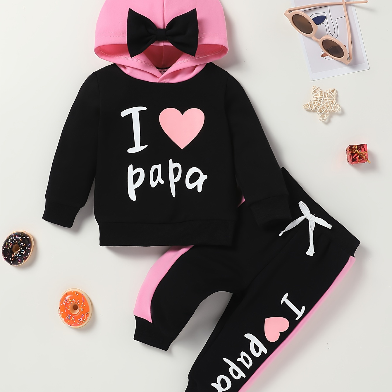 

2pcs Baby Girl Autumn Clothes, "i Love Daddy" Letter Print Long Sleeve Bow Hooded Pullover + Jogging Pants Winter Casual Set