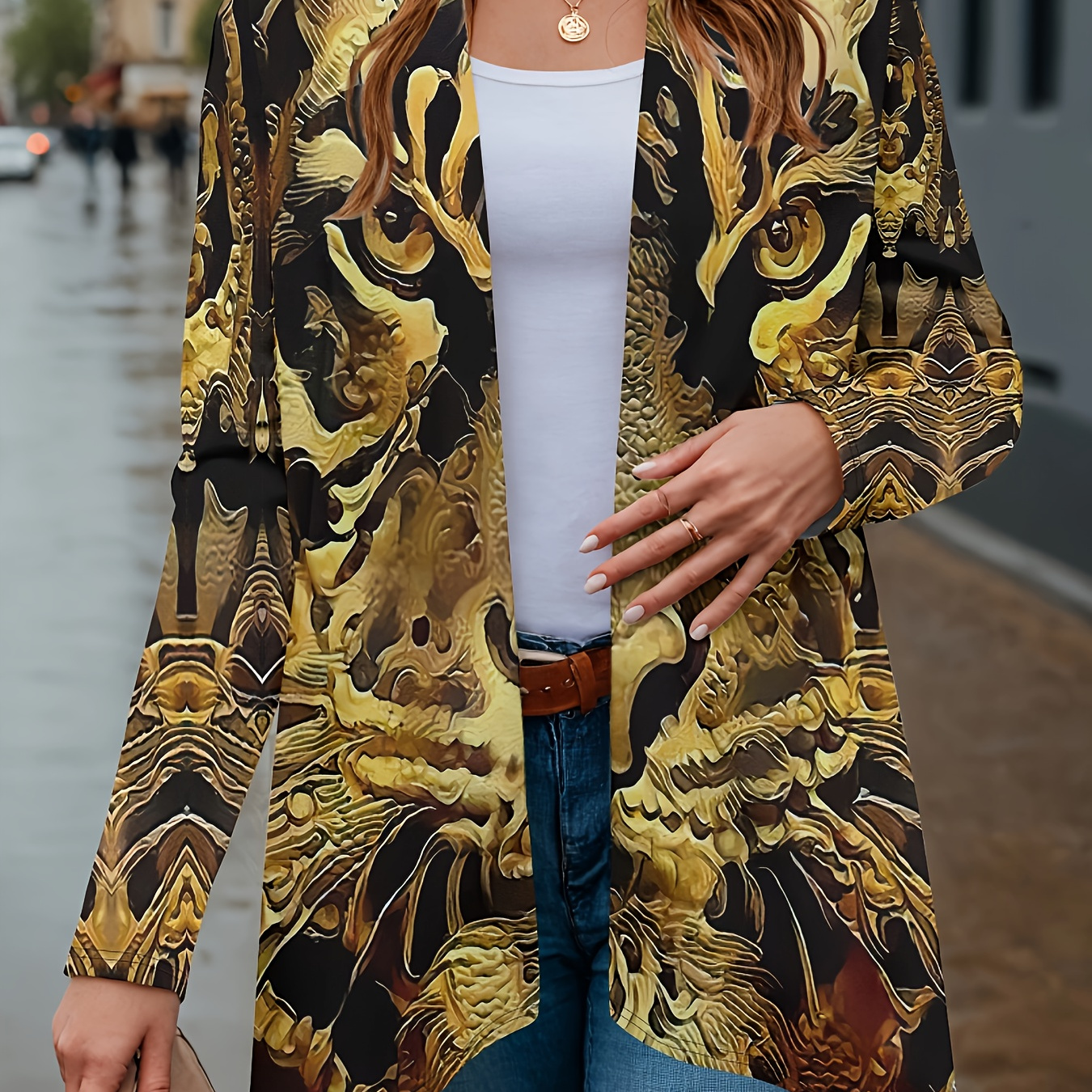 

Plus Size Animal Print Cardigan For Women - Casual 3d Tiger Pattern V-neck Top With Long Sleeves, 95% Polyester 5% Spandex, Slight Stretch, Knit Fabric, Spring/fall Essential