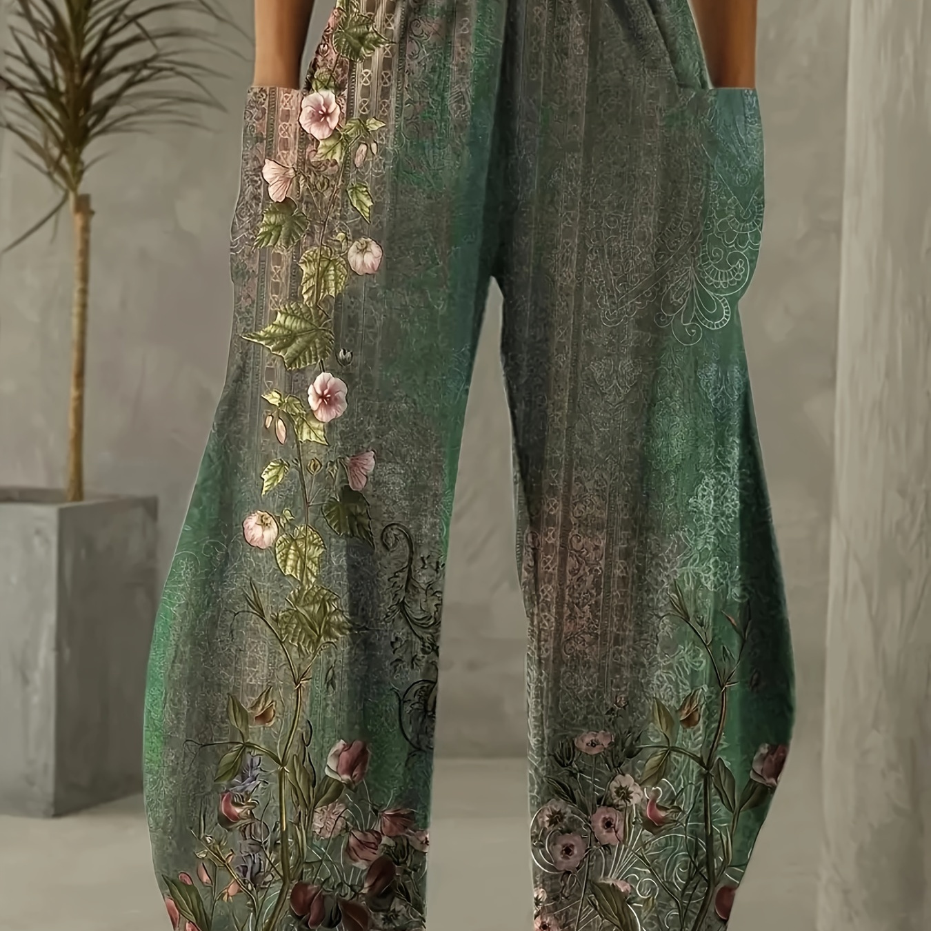 

Bohemian Floral Print Wide-leg Pants For Women, 3d Flower Pattern With Dual Pockets, Elastic Waist, Casual Loose Fit, Fashion Palazzo Trousers