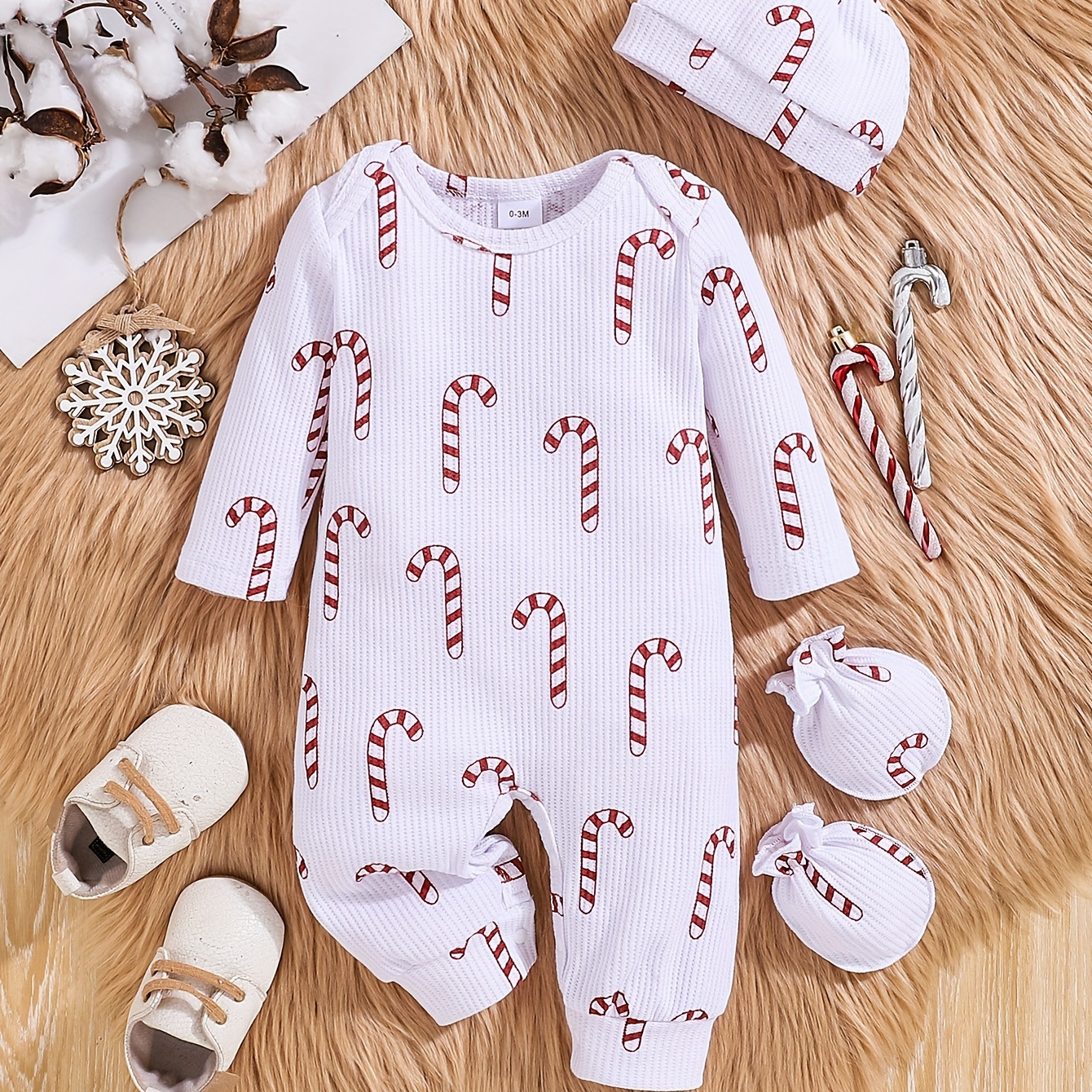 

Baby's Cartoon Candy Cane Full Print Casual Ribbed Long Sleeve Romper & Hat & Baby Mittens, Toddler & Infant Boy's Bodysuit For Christmas