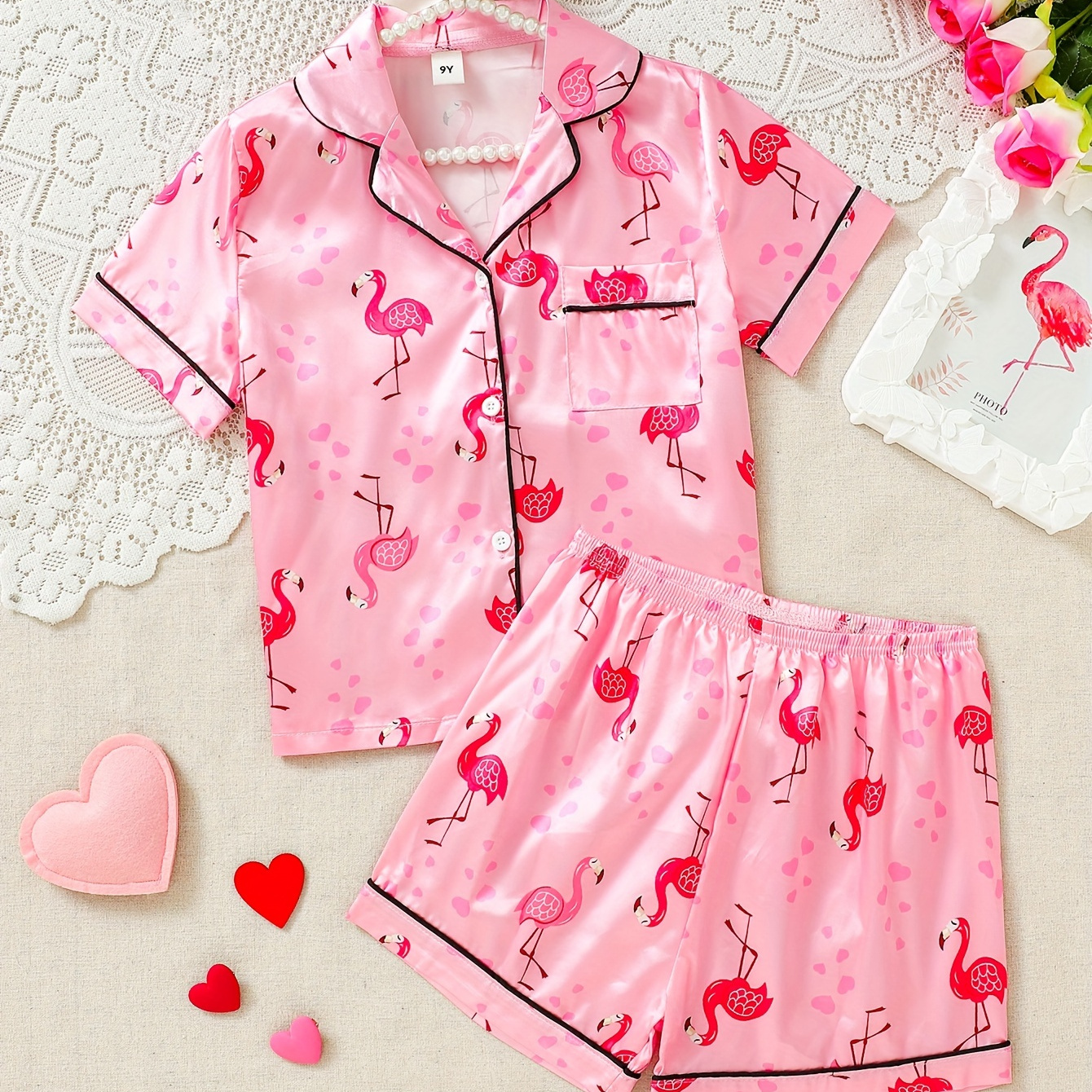 

2pcs Girls Cozy Pajamas - Flamingo Pattern Print Short Sleeve Lapel Shirt & Short Loungewear Comfy Casual Pj Set, Kids' Sleepwear Clothes