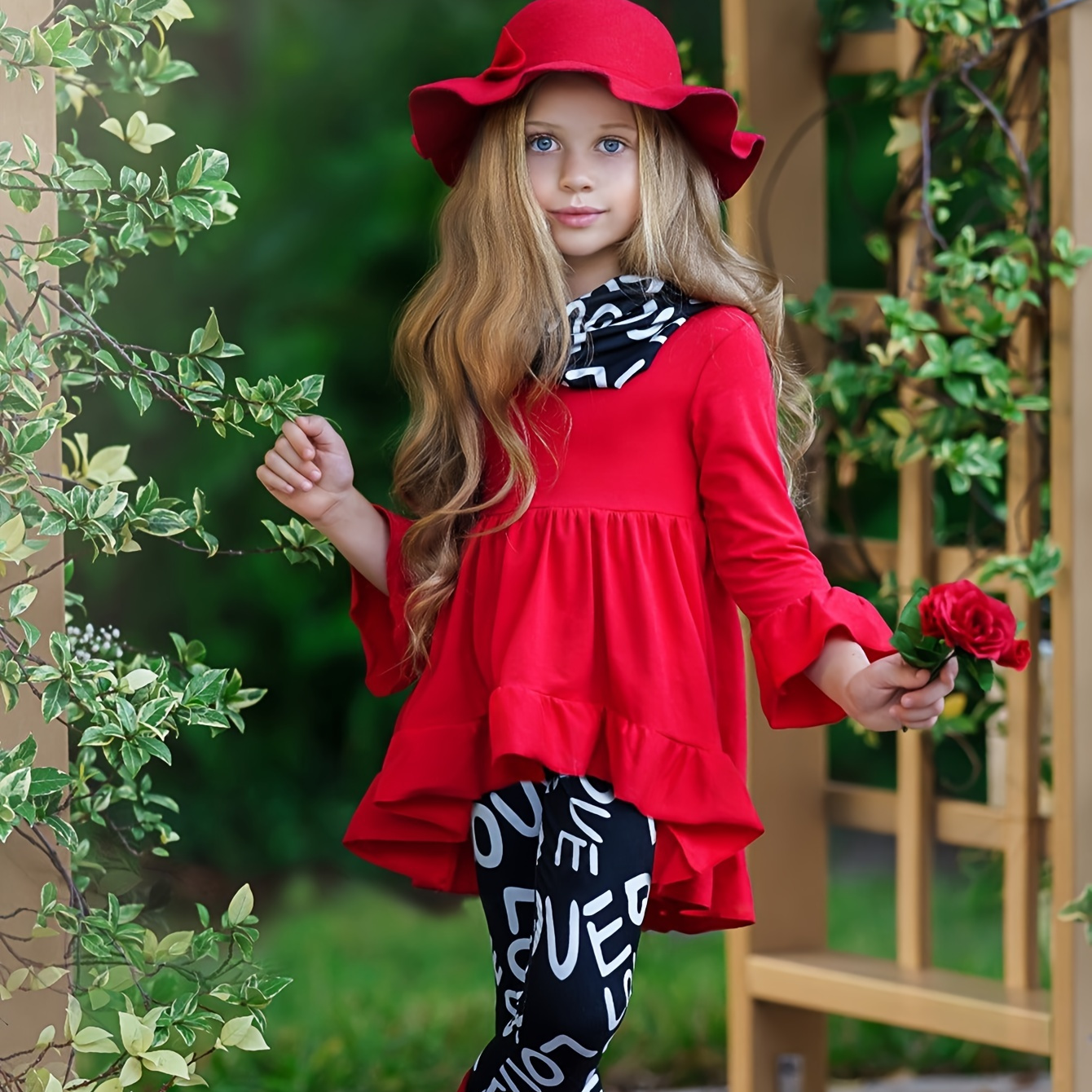 Fashionable Kid Girl Bowknot Decor Solid Top Geometric Print Pants 2-piece Set