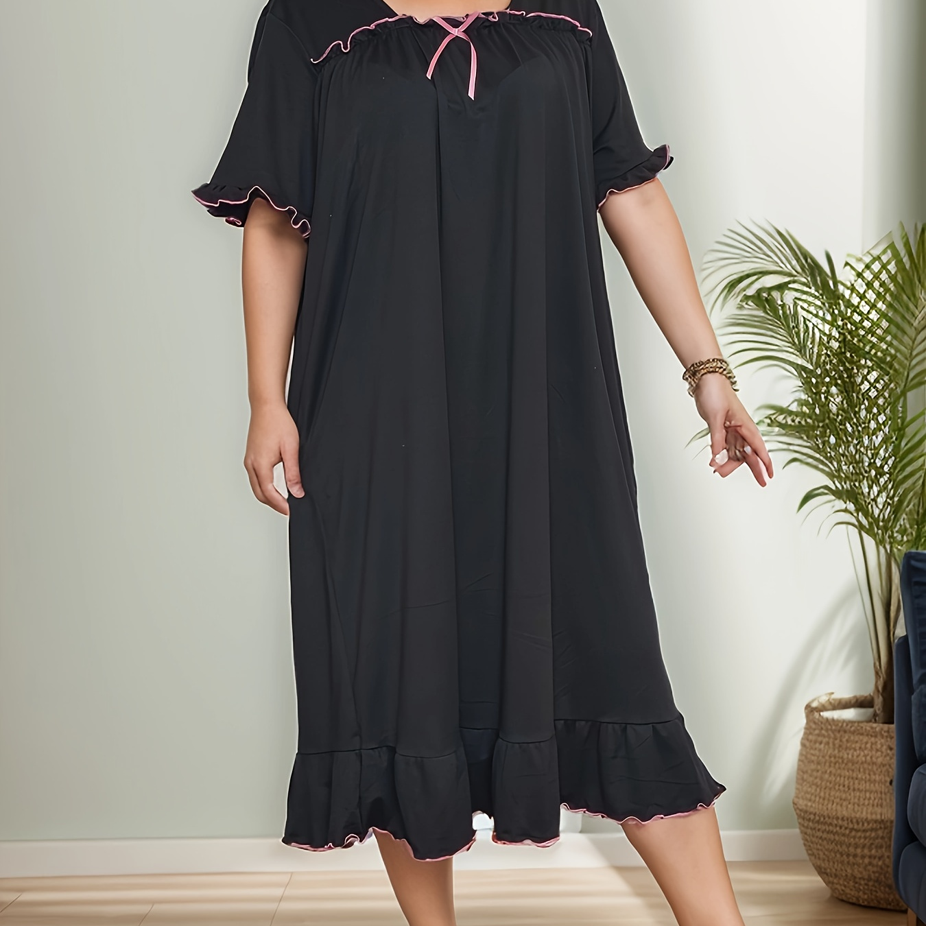 

Plus Size Casual Sleep Dress, Women's Bow Decor Short Sleeve Ruffle Trim Nightdress