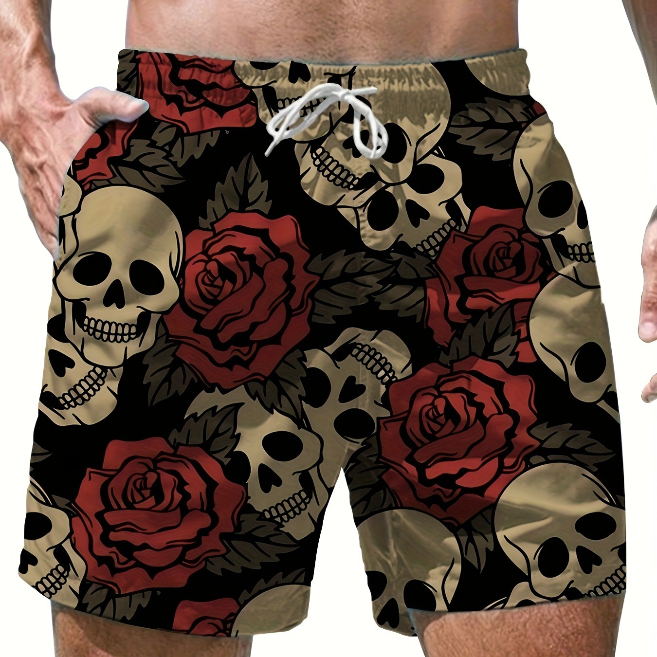 

& Roses Pattern Print Men's Loose Beach Shorts Activewear, Drawstring Quick Dry Shorts, Lightweight Shorts For Holiday Surfing