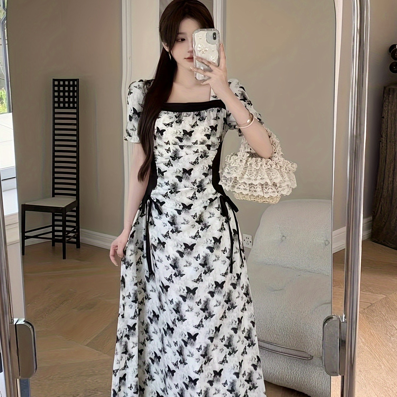 

Neck A-line Dress, Chic Short Sleeve Ankle Length Dress For , Women's Clothing