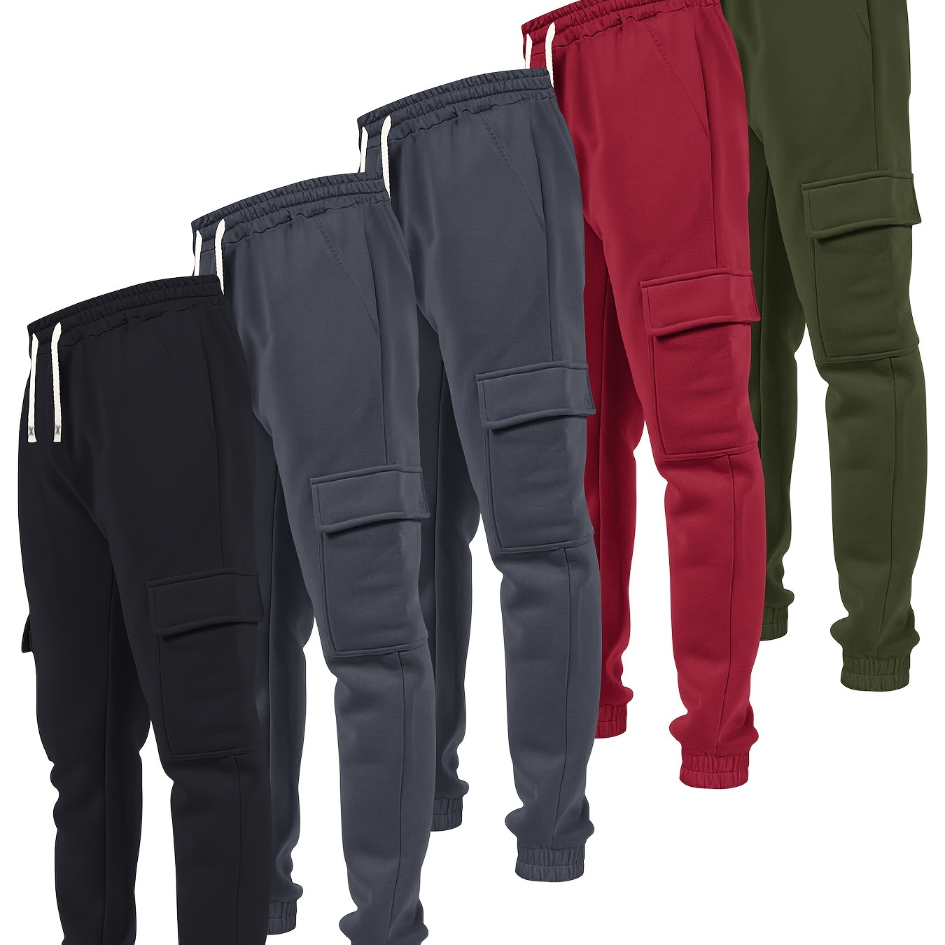 

5-pack Men's Casual Polyester Sweatpants - Slight Stretch Solid Color Regular Fit Joggers With Pockets, Waist With Drawstring, Knit Fabric Casual Wear Pants